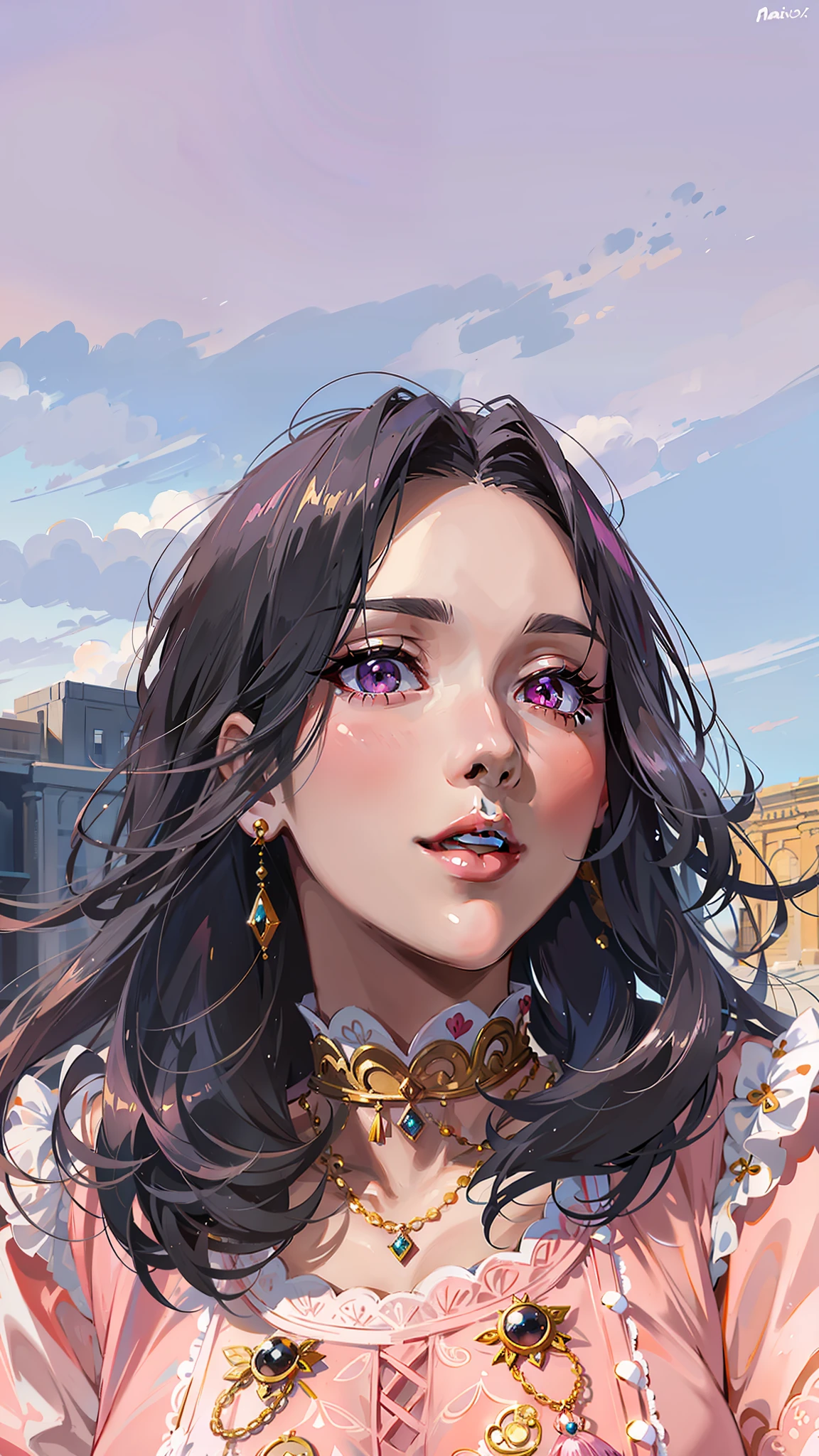 (masterpiece),(best quality:1.0), (ultra highres:1.0), detailed illustration, 8k, anime, 1girl, beautiful anime girl, wearing a pink dress, earrings , intricate details, black eyes, detailed eyes, pink eyeshadow, black hair, detailed hair detailed, highlights on hair, smiling, matte lipstick, perfect lips, anime style, best quality, detailed