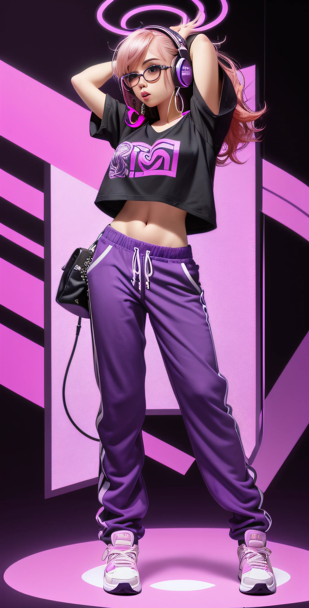 (cute) (nose piercing) (lip piercing) (ear piercing) (Full body portrait:1.5), (cool) (swag) badass bitch, piercings, techy, intricate details, (stylish clothes) (oversized shirt) (swagg sweatpants) (pink hair:1.2+purple hair:1.2),(hanging headphones+earrings:1.1) (ultra realistic:1.1), (simple studio background:1.1), (8k resolution:1.1), (artistic:1.05)