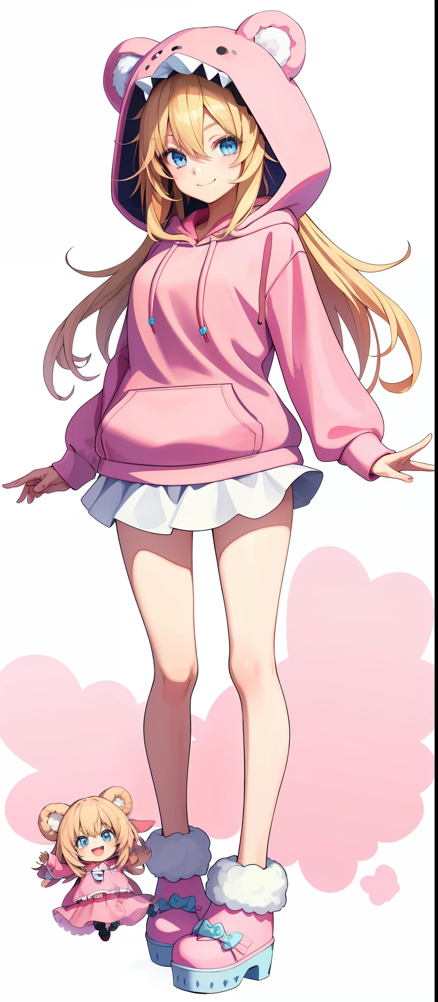 vtubermodel of 1girl , long blonde hair, blue eyes , fluffy bear ears , hood up,(pink hoodie:1.3), strawberry shoes, crocs, clogs, high quality , extra detailed , rendered, (white background:1.3), full body, smiling