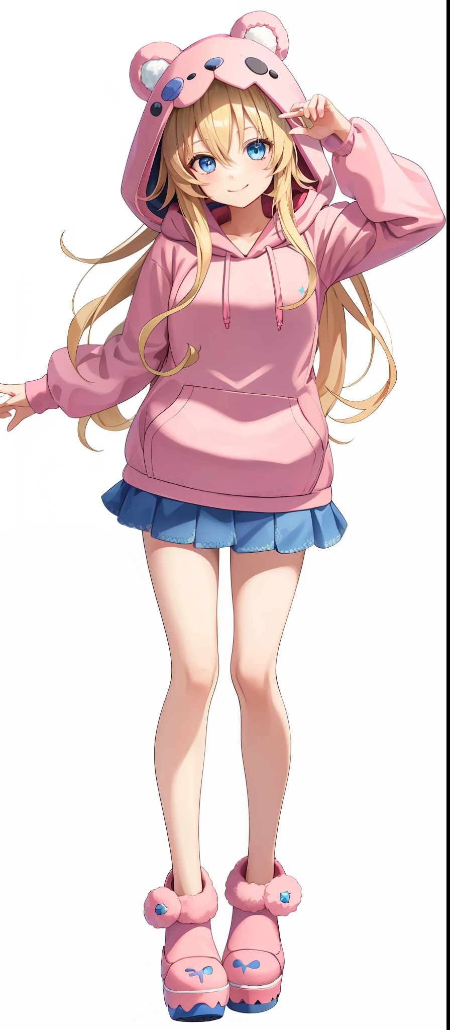 vtubermodel of 1girl , long blonde hair, blue eyes , fluffy bear ears , hood up,(pink hoodie:1.3), strawberry shoes, crocs, clogs, high quality , extra detailed , rendered, (white background:1.3), full body, smiling