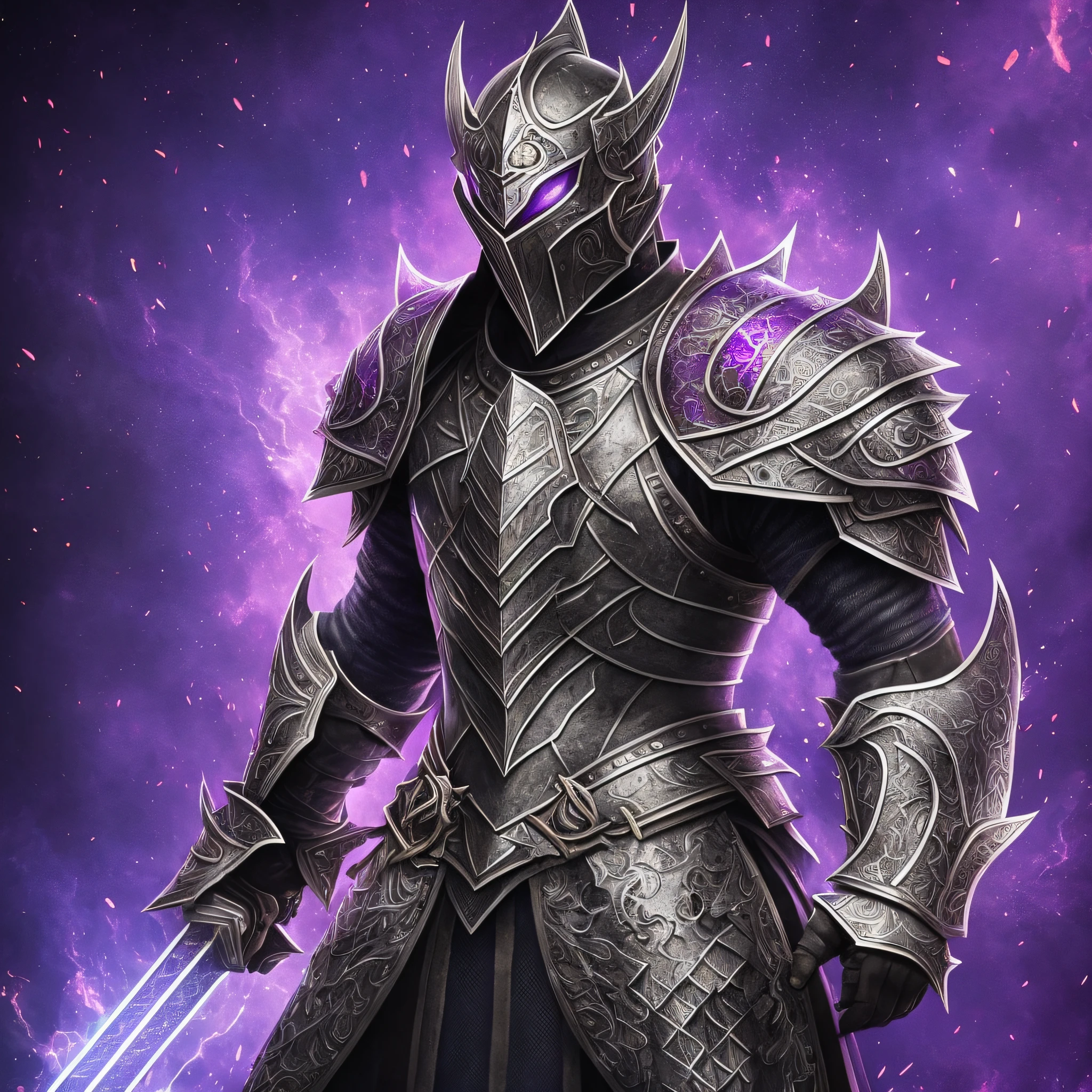 Close-up of a man holding a sword and armor, purple armor, black purple armor, purple demon armor, black fire reflective armor, demon warrior, blood knight, heavy armor and sword god of war, dragon knight, demon warrior, black and purple reflective armor, ruler of hell, Yang J, purple armor, king of cinder --auto --s2