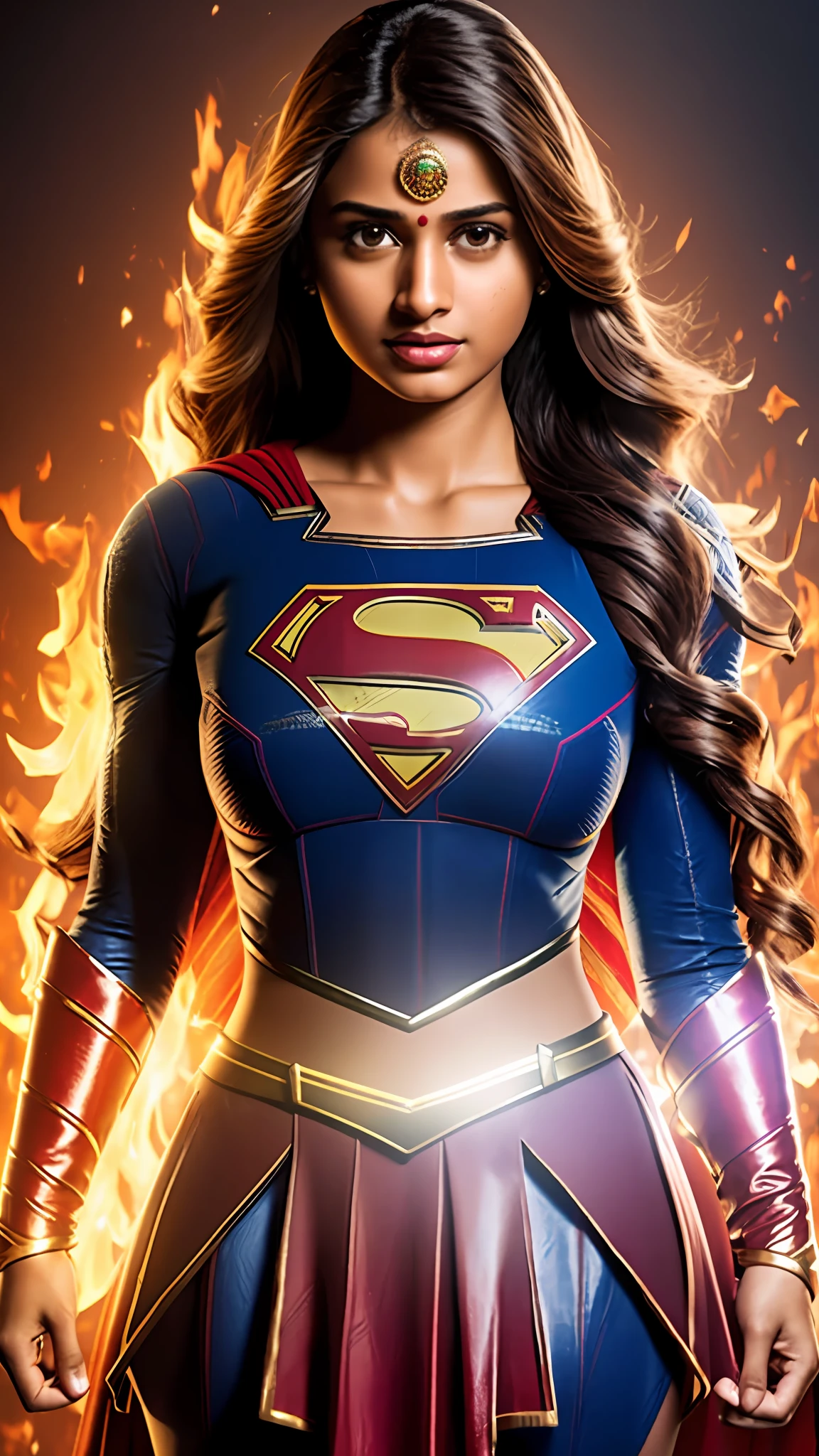 8k, Realistic, (masterpiece), best quality, ultra-detailed, detail face detailed skin tone,  high-resolution, (indian girl),(supergirl costume dress)+(big breasts:1.1), half-body, beautiful face,(glowing skin🔥:1.2+extremely detailed skin)+[ warm lighting and vibrant colors🌟:0.9 ], dynamic pose,bright eyes,