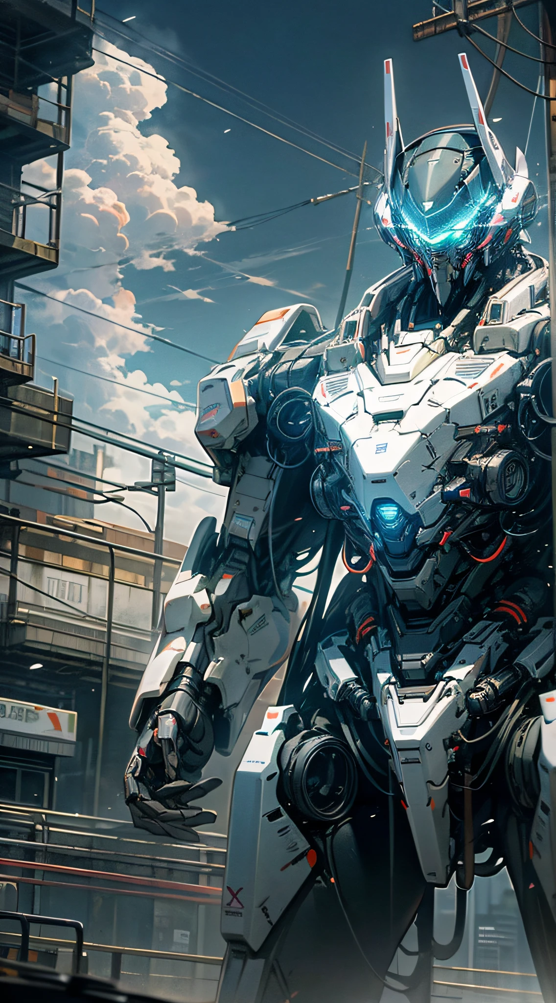 sky, clouds, holding_weapon, no_humans, glow, robot, architecture, glowing_eyes, mecha, science fiction, city, reality, mecha, best quality, 8K wallpaper, (masterpiece), computer wallpaper