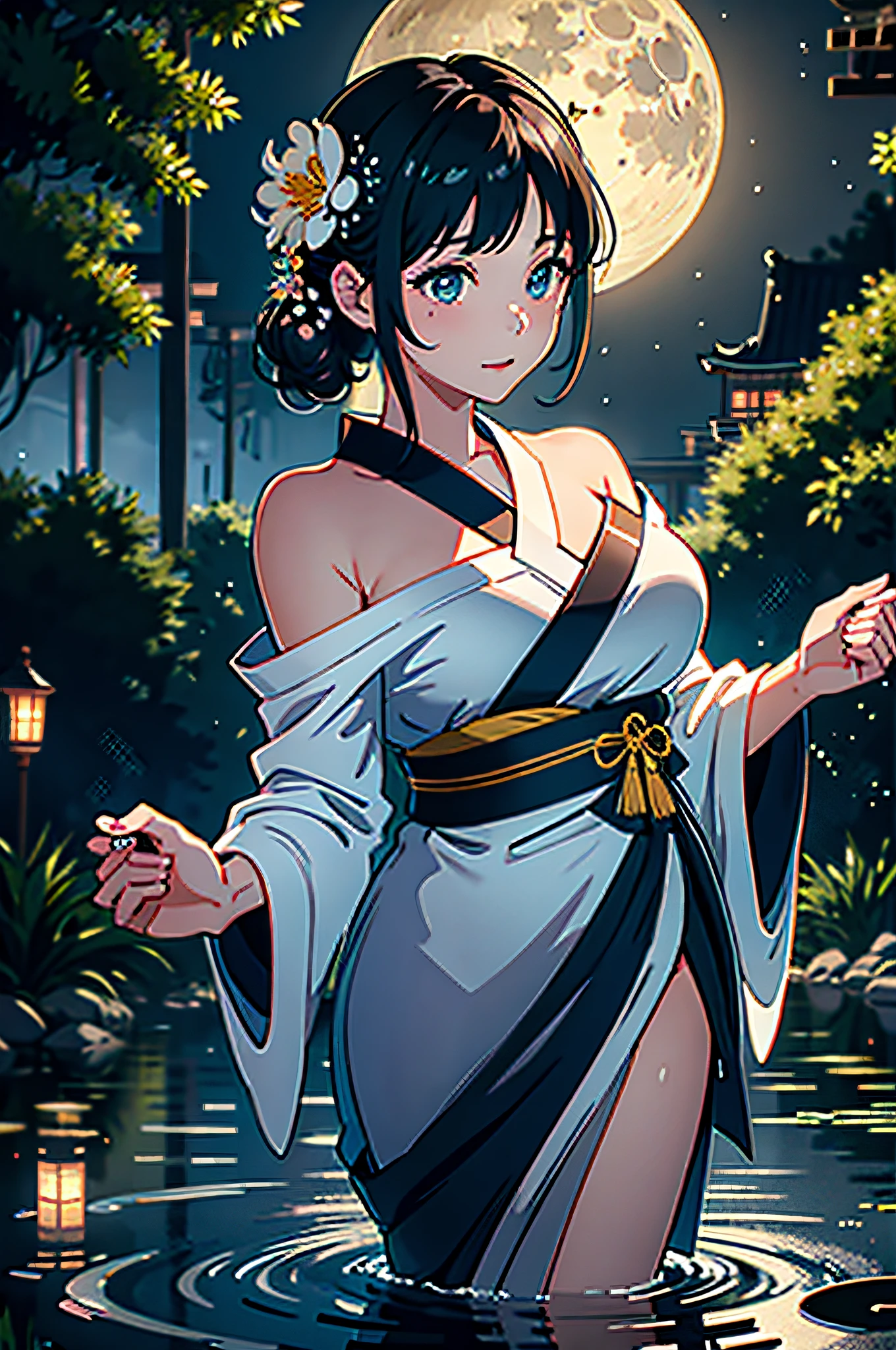 1girl, breasts, moon, lantern, night, solo, large breasts, hair ornament, wet, kimono, japanese clothes, wading, water, hair flower, flower, outdoors, sky, full moon, rain, black hair, off shoulder, mountain, cloud, holding, sash, bare shoulders, paper lantern, standing, white kimono, night sky, sideboob, obi, wet clothes, bangs, tree, from side, reflection, short hair, cloudy sky, wet hair (((masterpiece),(extremely detailed CG unity 8k wallpaper),best quality,,solo,1girl,cinematic lighting,detailed background,beautiful detailed eyes,bright pupils, (an extremely delicate and beautiful),(Beautiful and detailed eye description), ultra-detailed,masterpiece,)),