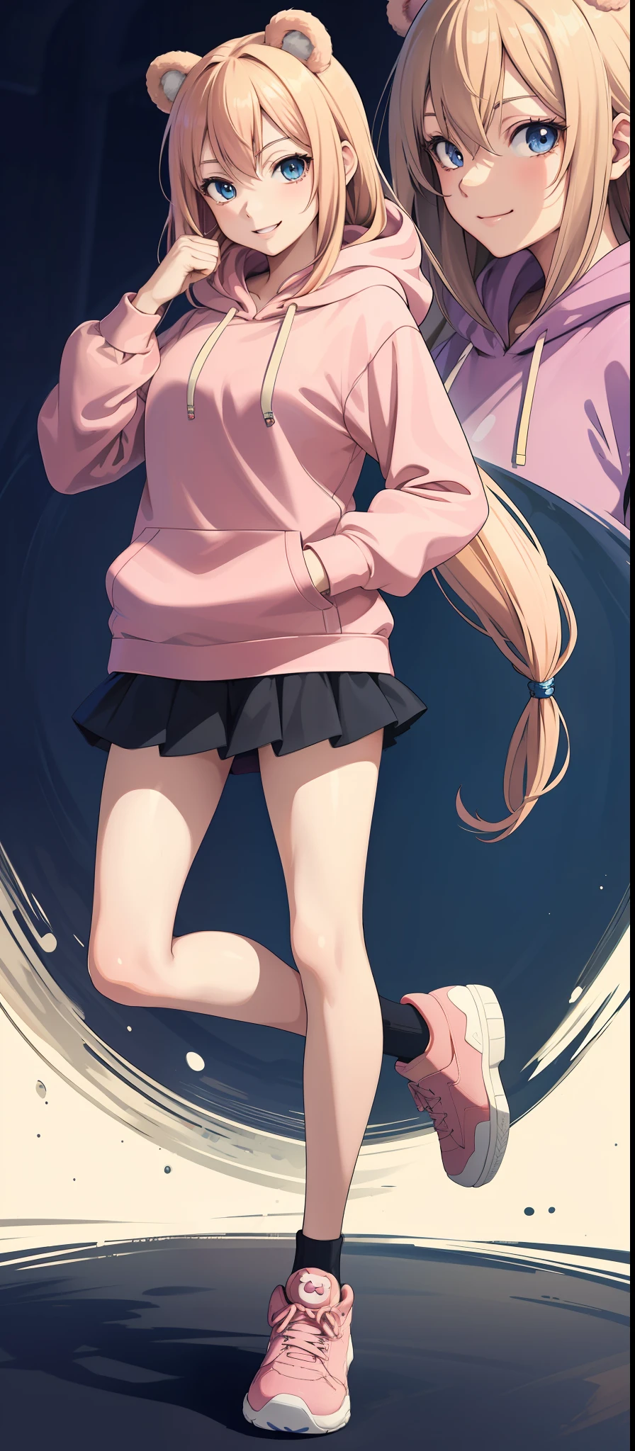 2d, masterpiece, best quality, anime, highly detailed face, highly detailed eyes, highly detailed background, perfect lighting, full body, 1girl, solo, pink bear hoodie, blonde hair, blue eyes, long hair, pink hoodie, miniskirt, standing, dynamic pose, strawberry shoes, smile, white background,