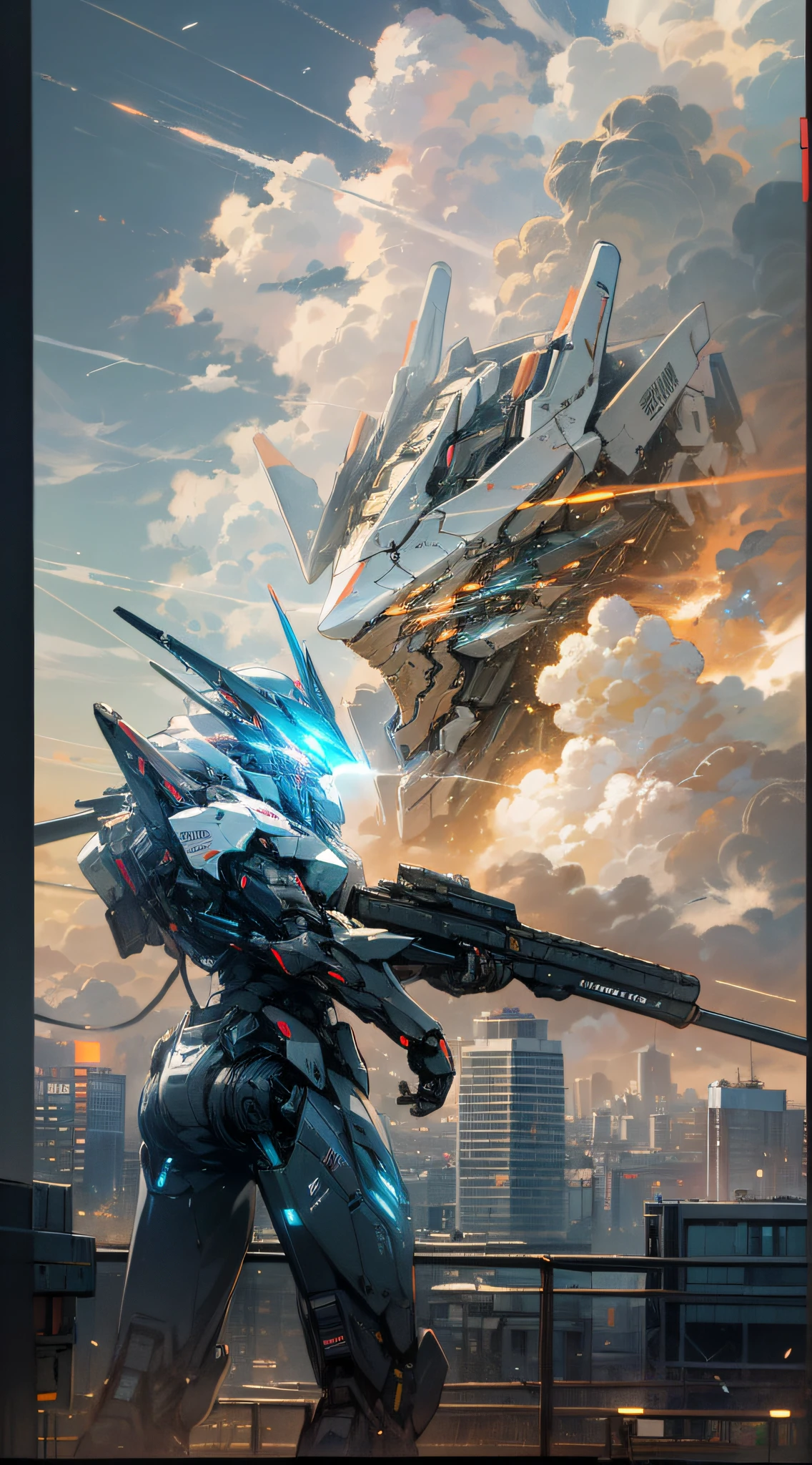 sky, clouds, holding_weapon, no_humans, glow, robot, architecture, glowing_eyes, mecha, science fiction, city, reality, mecha, best quality, 8K wallpaper, (masterpiece), computer wallpaper