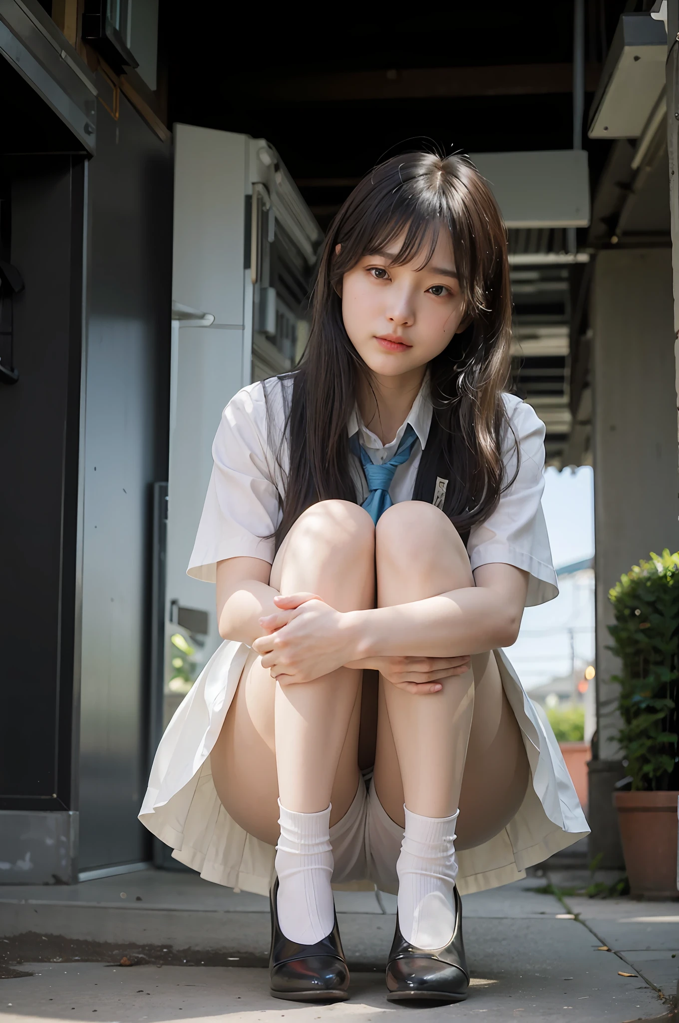 Backlight, thin legs wearing tight skirt, hands in front of feet, RAW photos, 8K ultra HD, highest image quality, beautiful face details, natural skin, gentle expression, front view, overhead angle, realistic long hair, cute and sweet, squatting in the depths of the city in a short skirt, Japanese girls' school uniform, surreal high school girls, full body shot.