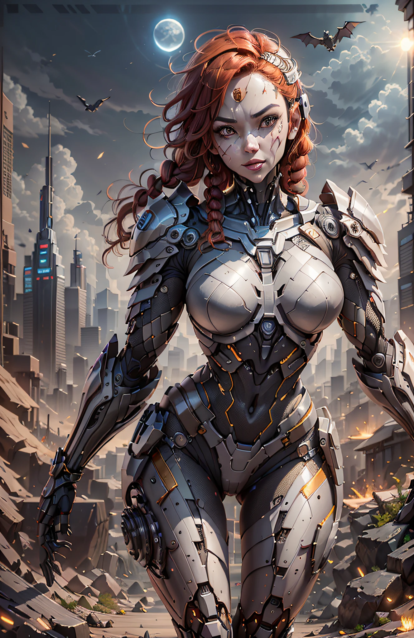 (Best Quality)), ((Masterpiece)), (Very Detailed: 1.3), 3D, Beautiful cyberpunk woman, wonder woman cosplay, vegete armor, golden yellow, sci-fi technology, HDR (High Dynamic Range), ray tracing, nvidia RTX, super resolution, unreal 5, subsurface scattering, PBR texture, post-processing, anisotropic filtering, depth of field, maximum sharpness and sharpness, multi-layer texture, specular and albedo mapping, surface shading,  accurate simulation of light-material interactions, perfect proportions, octane rendering, duotone lighting, low ISO, white balance, rule of thirds, wide aperture, 8K RAW, high efficiency subpixels, subpixel convolution, light particles, light scattering, Tyndall effect, very sexy bikini, full body, battle pose, red hair with braids, bats in the notune sky, full moon,