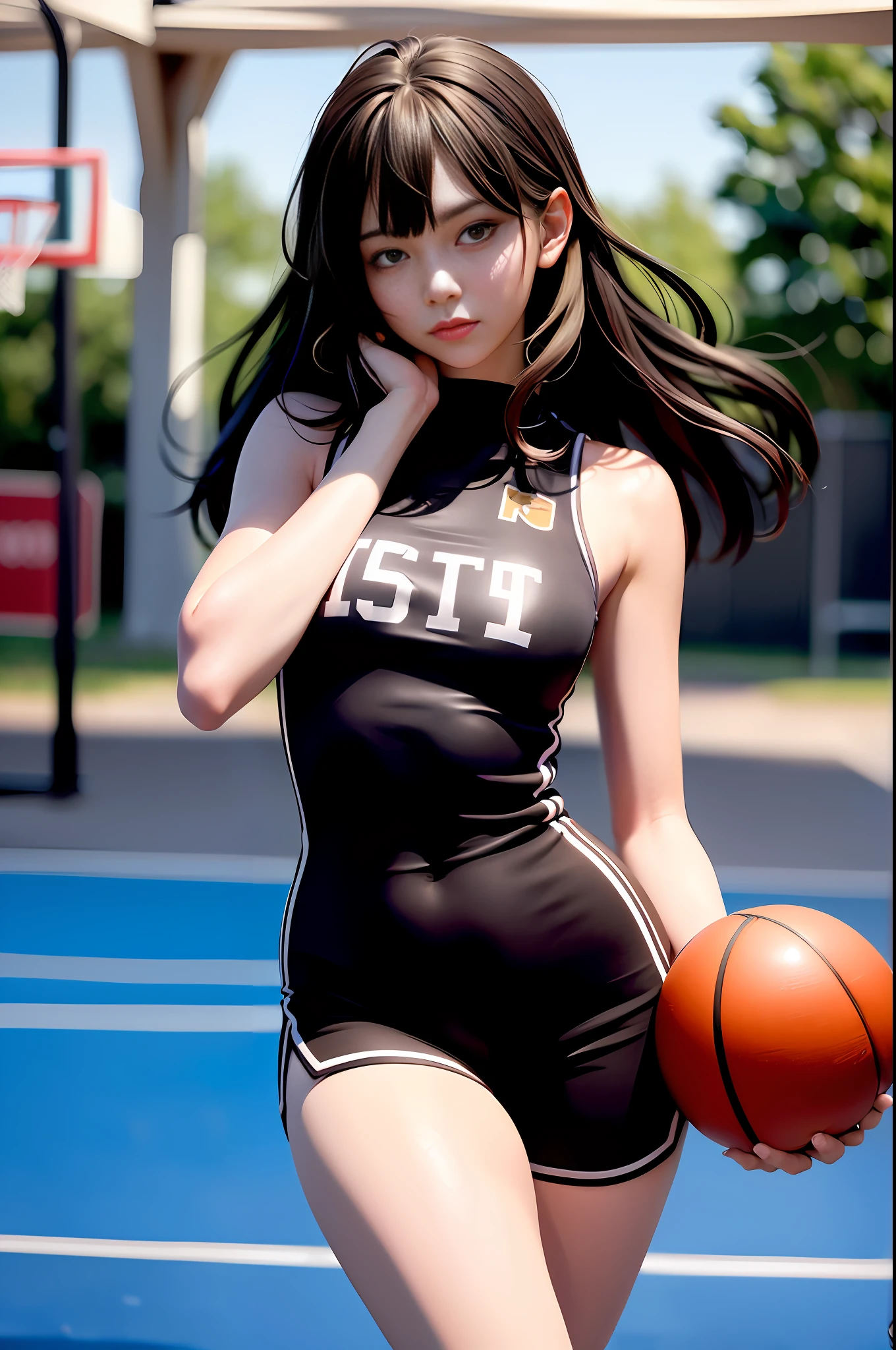 (8k, Best Quality, Masterpiece: 1.2), (Realistic, Photorealistic: 1.37), Super Detailed, Best Quality, Super High Resolution, Professional Lighting, Photon Mapping, Radiosity, Physically Based Rendering, Cinematic Lighting , basketball court, depth of field, focus, sun rays, good composition, (bokeh: 1.2), 1 girl, (whole body), (closed mouth), beautiful eyes, pose, constriction, basketball uniform, black hair , messy hair, long hair blowing in the wind,(ulzzang-6500:1.2) mix4, hiqcgbody