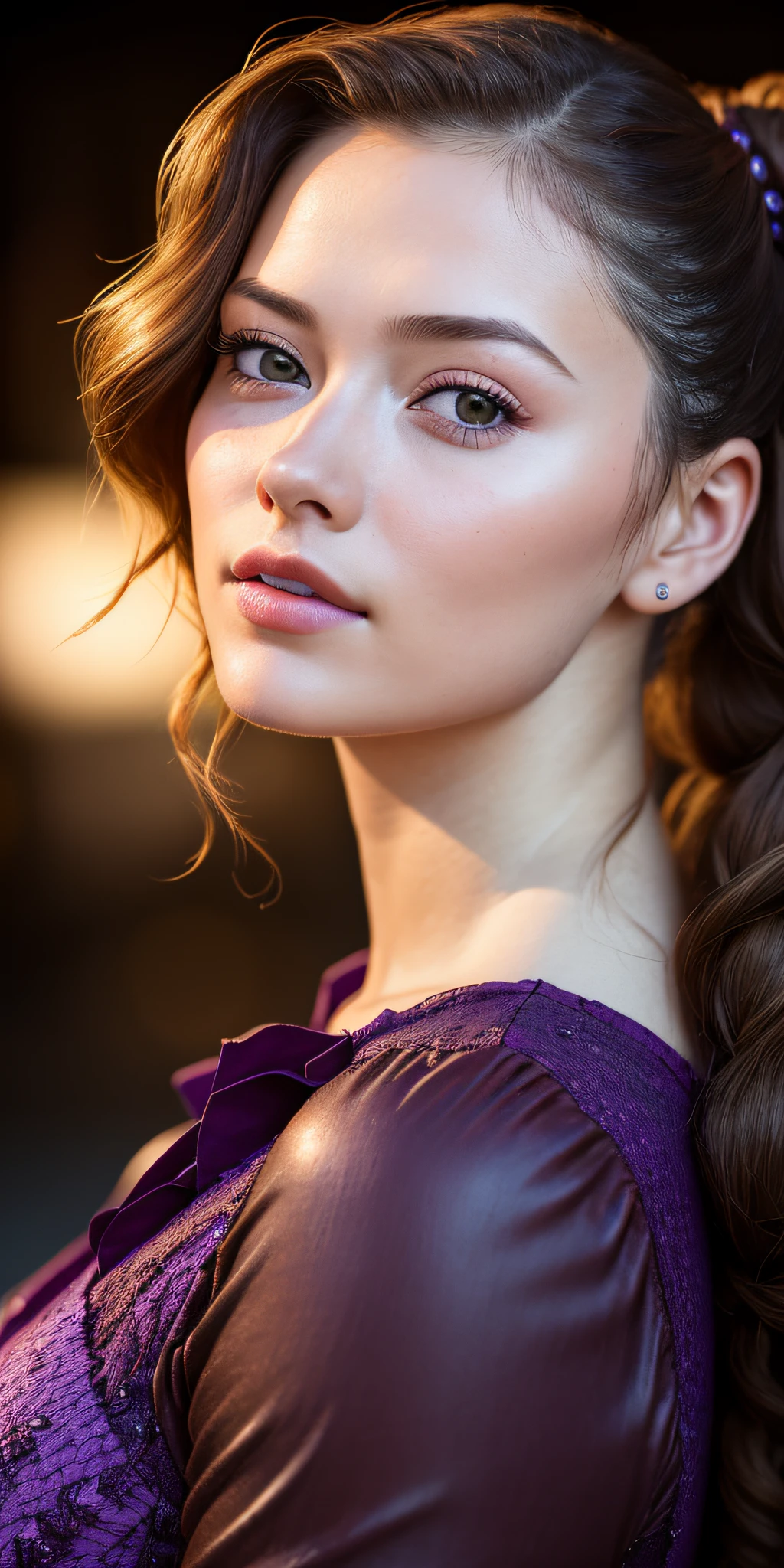 Full face portrait photo of 25 year old European girl, RAW, beautiful woman, semi-open strawberry lip, dimples, wistful expression, (brown hair with extra long wavy), ((detailed face)), ((detailed facial features)), (fine detailed skin), pale skin, cyberpunk megacity environment, (cool color), moist, damp, reflection, (masterpieceShot with Canon EOS R5 (detail) (Realistic photos) (Detailed details) 50mm lens, f/2.8, HDR, (8k) (wallpaper) (cinematic lighting) (dramatic lighting) (sharp focus) (complex), RAW photography, RAW photography, gigachad photography, camera pose, black jeans, back arm, 8k uhd, dslr, high quality, Grain Film, Fujifilm XT3, Film Stock Photo 4 Kodak Portra 400 Camera F1.6 Lens Rich colors Ultra-realistic textures Dramatic lighting Unreal Engine Art Station Trends Cinestill 800 Tungsten, Toughboy Style, Ultra Focus Face, Intimidating, Fighting Position, Short Messy Hair, Muscles, Bursting Veins, Beads, (( Purple sexy dress)), (ponytail, 1 big bun),
