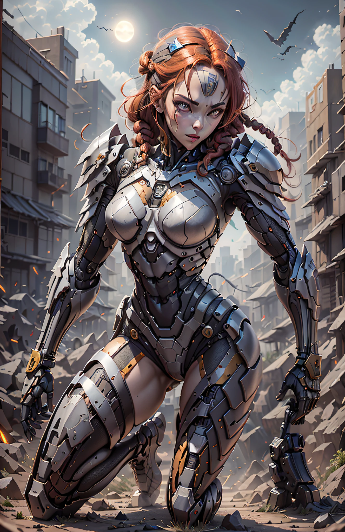 (Best Quality)), ((Masterpiece)), (Very Detailed: 1.3), 3D, Beautiful cyberpunk woman, wonder woman cosplay, vegete armor, golden yellow, sci-fi technology, HDR (High Dynamic Range), ray tracing, nvidia RTX, super resolution, unreal 5, subsurface scattering, PBR texture, post-processing, anisotropic filtering, depth of field, maximum sharpness and sharpness, multi-layer texture, specular and albedo mapping, surface shading, accurate simulation of light-material interactions, perfect proportions, octane rendering, duotone lighting, low ISO, white balance, rule of thirds, wide aperture, 8K RAW, high efficiency subpixels, subpixel convolution, light particles, light scattering, Tyndall effect, very sexy bikini, full body, battle pose, red hair with braids, bats in the notune sky, full moon,