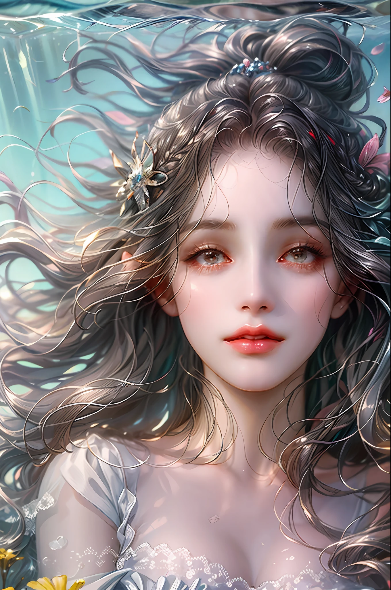 (absurd, high resolution, ultra detailed), 1 girl, alone, mature, (long wavy dark gray hair), white dress, elegant, holy, colorful, more detailed, portrait, close-up, underwater, floating hair, flower, sad, with tears.
