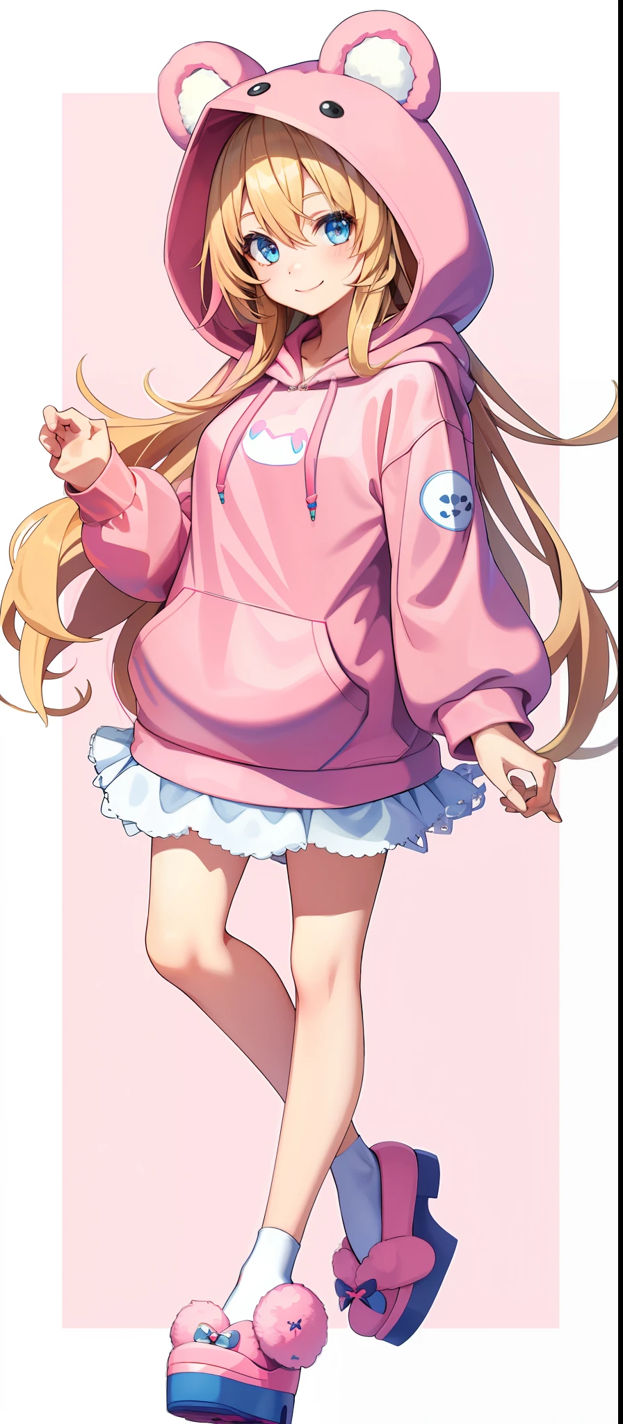 vtubermodel of 1girl , long blonde hair, blue eyes , fluffy bear ears , hood up,(pink hoodie:1.3), strawberry pattern, crocs, clogs, high quality , extra detailed , rendered, (white background:1.3), full body, smiling