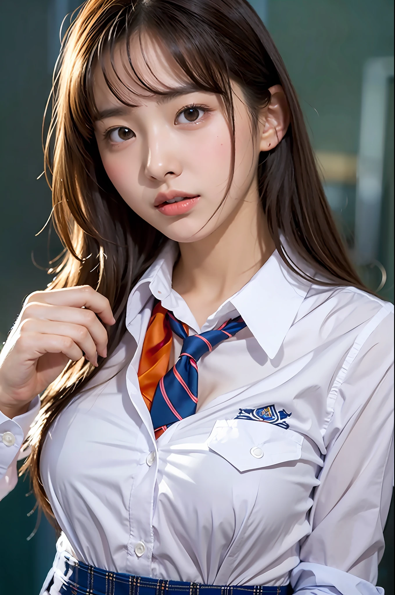 school uniform, white shirt, fluffy, small breasts, cleavage visible, bedroom background,