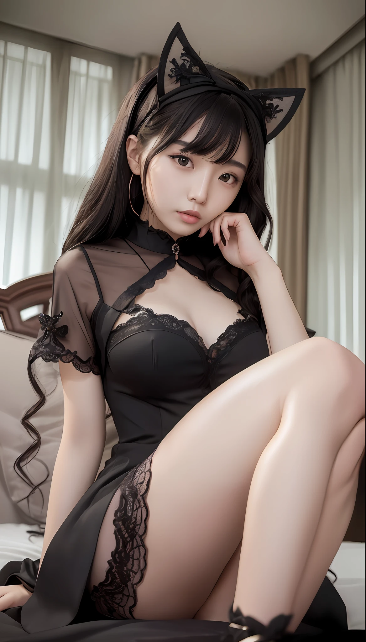 Close up of a woman in black dress sitting on bed, very high quality, high quality video, korean girl, sexy looks, sexy shots, sexy korean gothic girl, chinese girl, young cute girl, very beautiful cute catwoman, beautiful asian girl, cute woman, asian girl