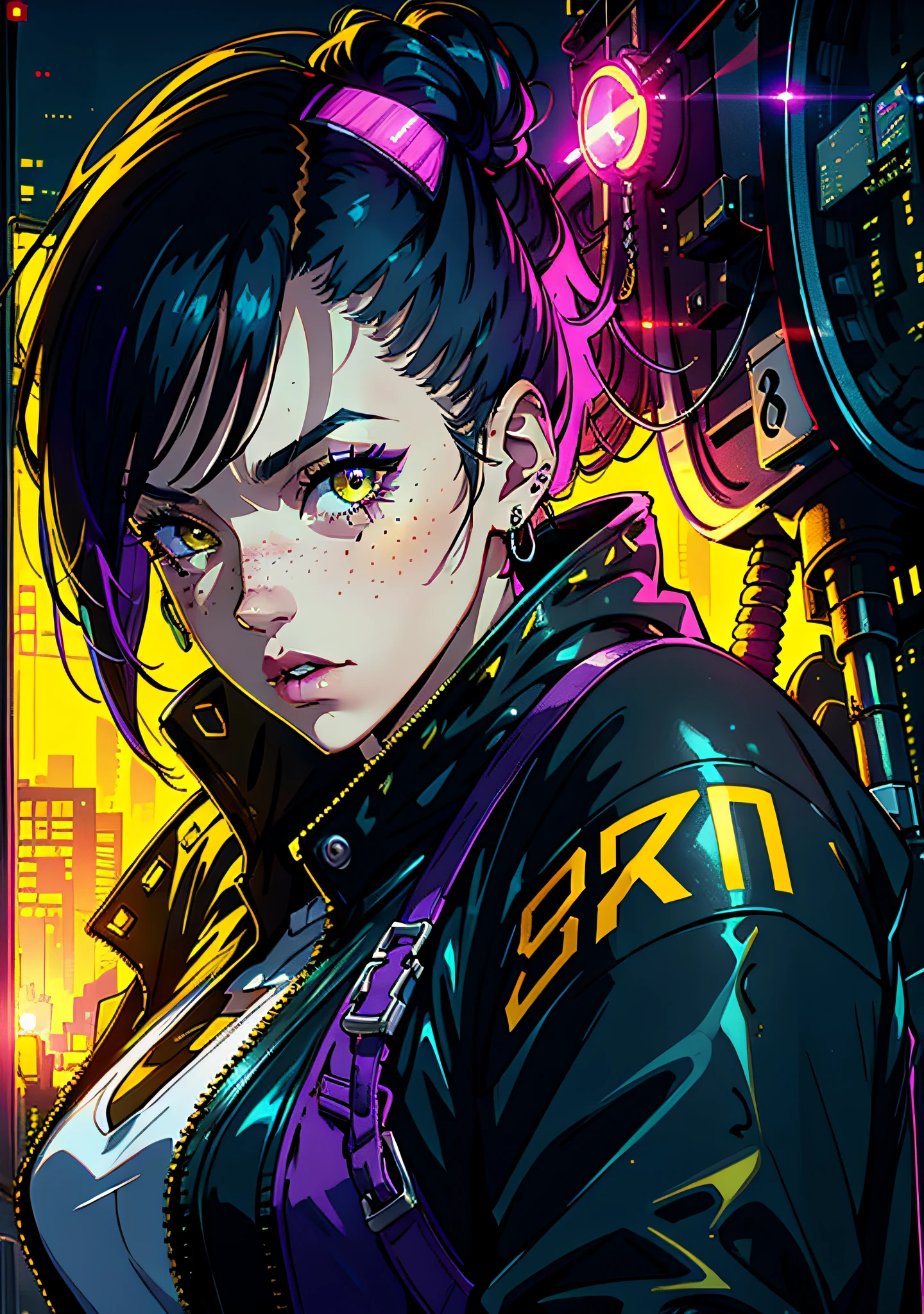 1girl,solo,colorful,yellow eyes,cyberpunk,city,peace sign,earrings,purple hair,eye patche,freckles,prothesis,mechanic,neon,beautiful lighting,purple reflection,cap,smoking,character focus,cg illustration,bust shot,yellow and black outfit,black hair,