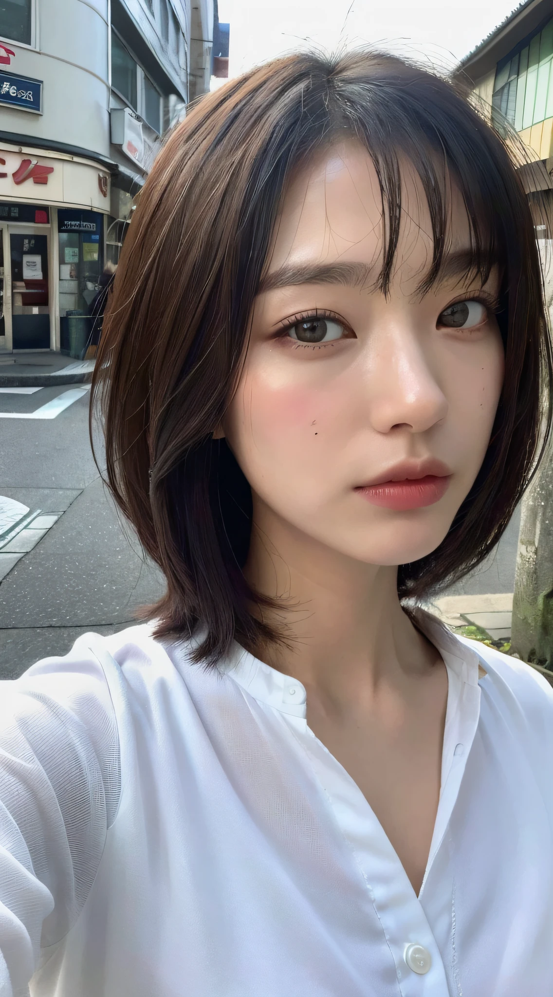 ((Top Quality, 8k, Masterpiece: 1.3)), Sharp Focus: 1.2, Perfect Figure: 1.4, Slim Abs: 1.2, ((Layered Haircut, Big: 1.2)), (White Long Shirt with White Buttons: 1.1), (Rain, Street: 1.2), Wet Body: 1.5, Highly Detailed Face and Skin Texture, Detailed Eyes, Japan People, Embarrassing