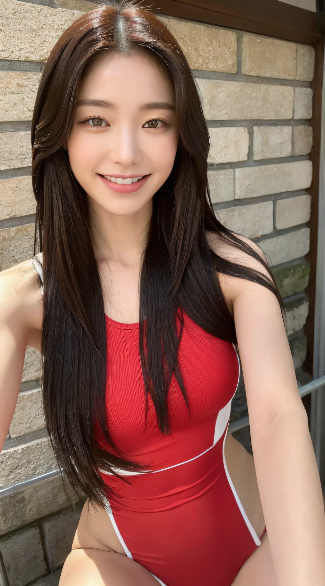 ((Best Quality, 8K, Masterpiece: 1.3)), Sharp Focus: 1.2, Beautiful Women in Perfect Figure: 1.4, Slim Abs: 1.2, (Layered Hairstyles: 1.2)), Rain: 1.3, Street: 1.2, Wet Body: 1.1, Highly Detailed Face and Skin Texture, Detailed Eyes, Double Eyelids, Big, Smile, Japan Man, Red Swimsuit