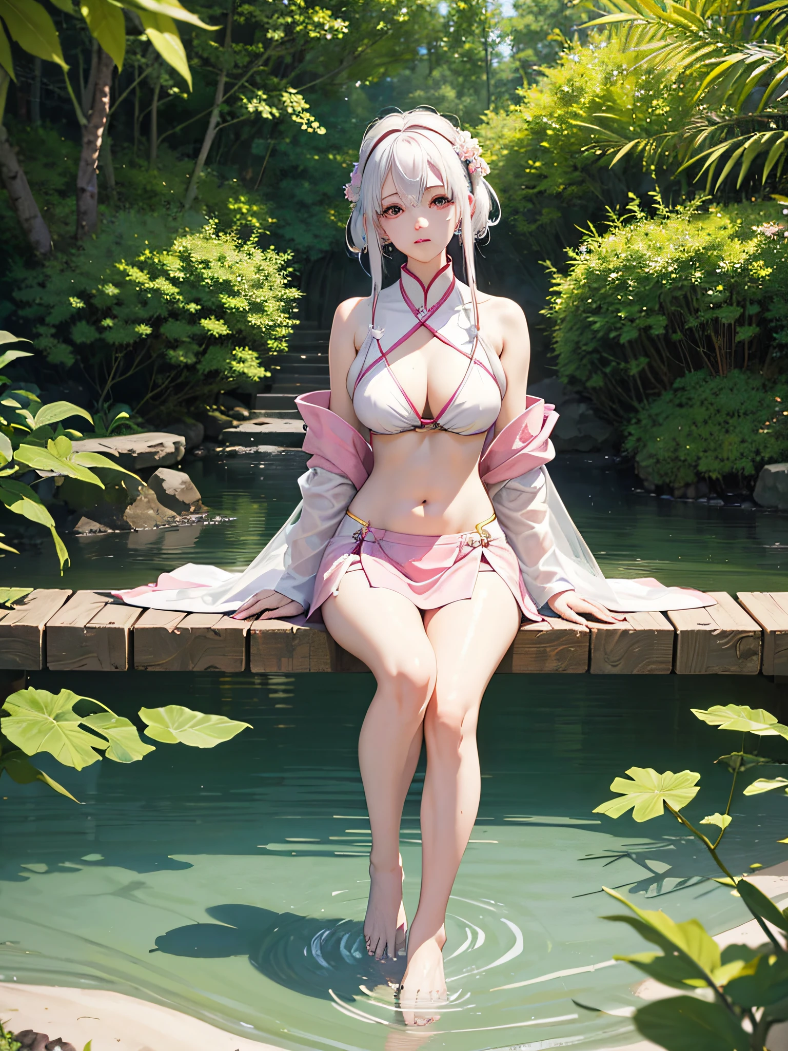 A girl full of pure love and youth, clear eyes like lake, wearing pink Hanfu, white hair, in the water of the forest, barefoot, barefoot, long legs, big breasts, belly button, delicate facial features, legs open, sitting, full body photo,