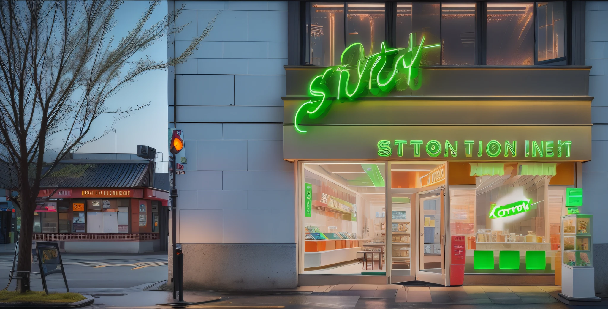 There is a storefront with a neon sign on the front, alt art, art rendering, photo rendering, artgem lau, art impression, by not ahrendts, storefront, artist impression, concept art, art rendering, inspired by not ahrendts, art rendering, award-winning storefront design, look from the outside, storefront, RTX rendering, Sony camera shooting, Canon camera shooting --auto --s2