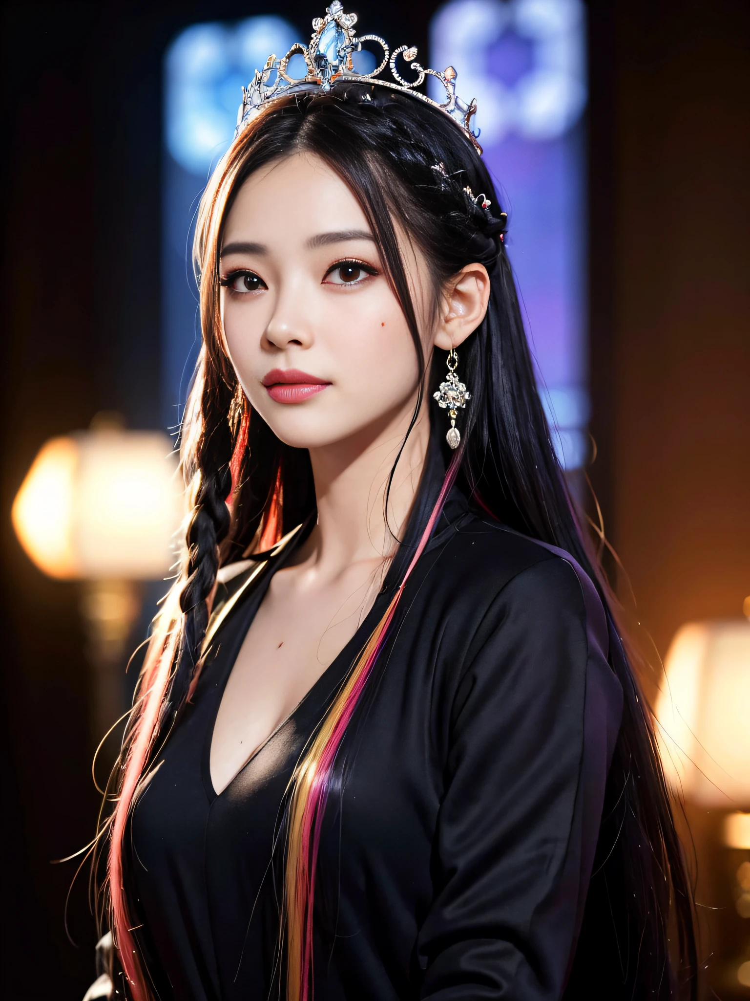 girl, Long hair, Black silk, Sexy, Lovely, Blush, Perfect facial features, multicolored hair, streaked hair, braid, hair strand, shiny hair, crown, rimless eyewear, heart hair ornament, mole under eye, longeyelashes, color contact lenses, smile, parted lips, Realism, Futurism, Art Deco, Expressionism, Contemporary art, chromatic aberration, cinematic lighting, ray tracing, bloom, anaglyph, optical illusion, from below, Sony FE GM, retina, 1080P, UHD, ccurate, textured skin, super detail, award winning, best quality, high details, high quality --chaos 100 --stylize 1000 --style ,