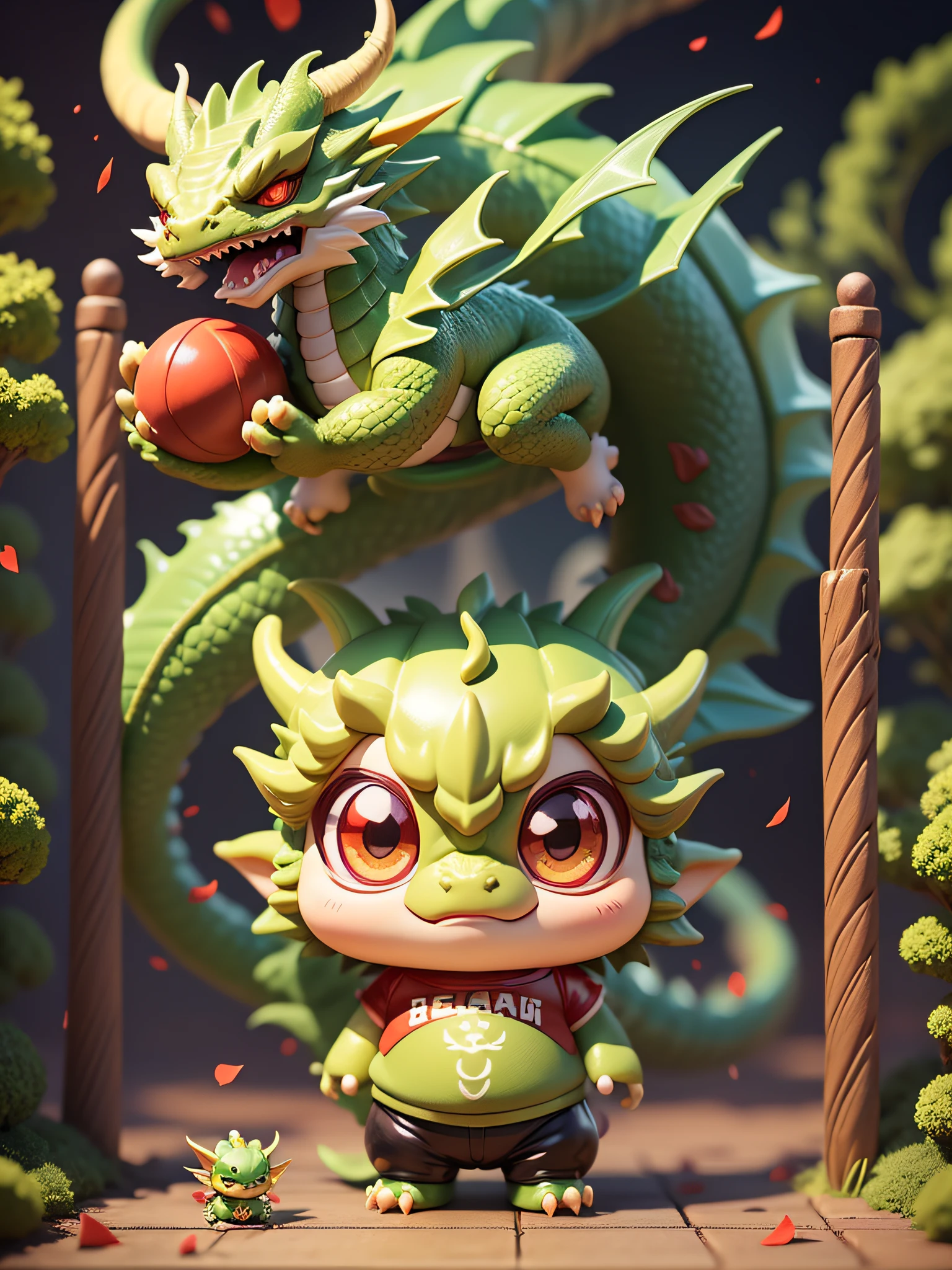 Male, Dragon, Juvenile, Green Dragon, Dragon Head, Dragon Horn, Big Eyes, (Q Version: 1.1), (Red T-Shirt: 1.3), Character, Cute, Detail, (Cute), Single, (Full Body: 1.3), Chubby, (Three-View 0, Ull Body, Chibi, dragon_real, Blind Box Toy Style