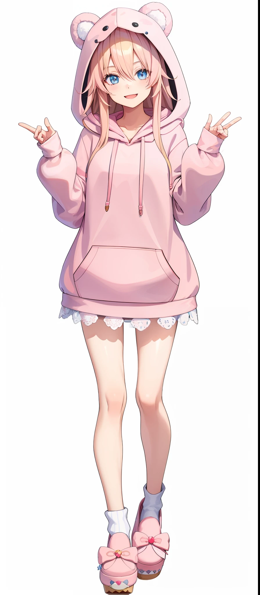 vtubermodel of 1girl , long blonde hair, blue eyes , fluffy bear ears , hood up,(light pink hoodie:1.3), strawberry pattern, crocs, clogs, high quality , extra detailed , rendered, (white background:1.3), full body, smiling