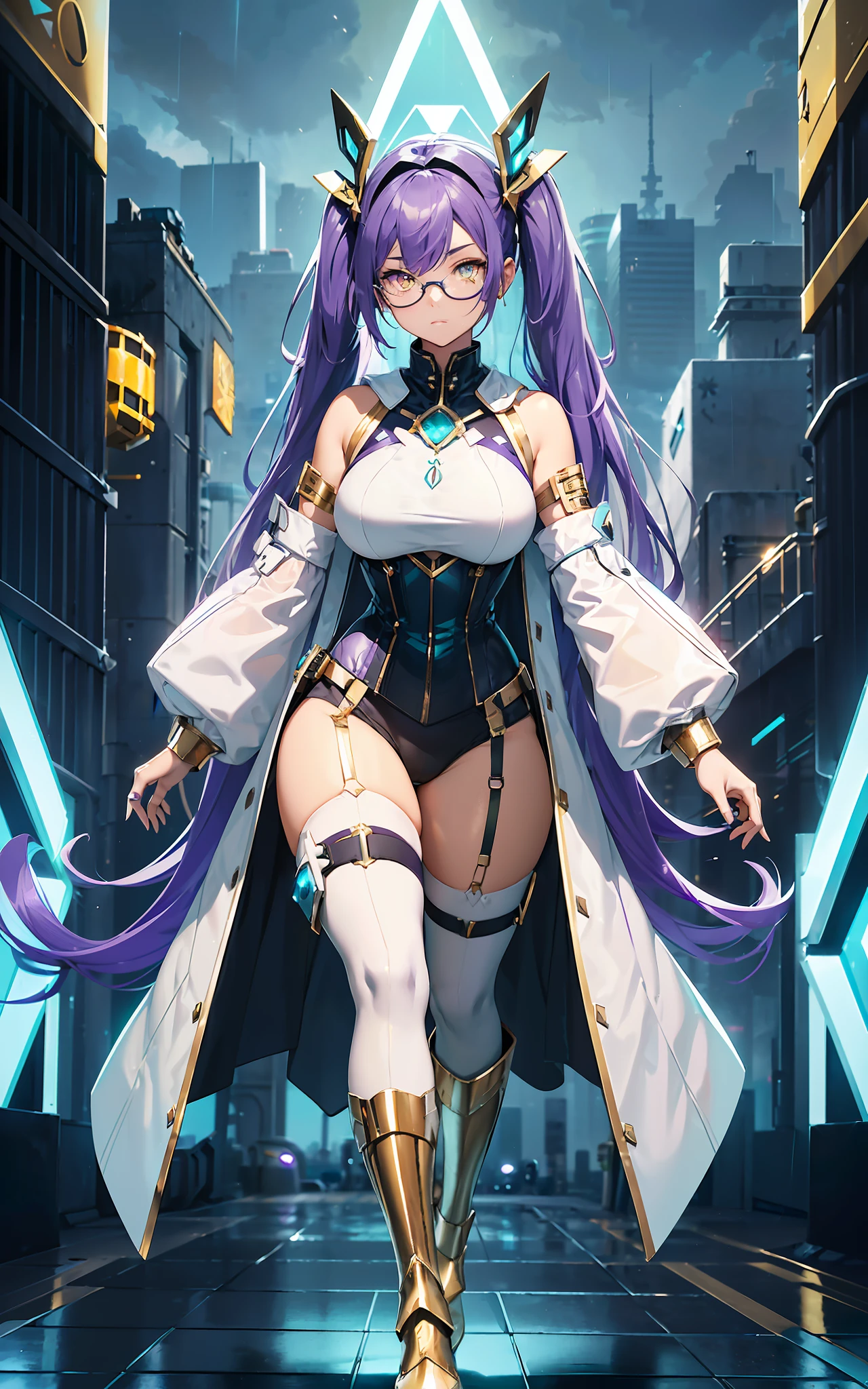 ({best quality}),(Ultra Fine),(full detail),single girl,alone,19 years old,well_developed curves,curvaceous_body,hourglass_figure,perspective,beautiful_face,high_quality_outfits,futuristic_outfits,silght_blush,full_body,full detail face,protective outfits,Honkai_Impact,sexy;
(Violet hair:1.5),indigo hair tips,violet (streamlined twintails:1.1,aqua bowtie at end),two long fin-shaped white and aqua headdresses,pointing upwards,antenna,white circlet around forehead;(golden_ eyes:2),holographic one-piece goggle glasses on eyes,aqua frame,aqua lens;one hexagon aqua locket on breast;
Futuristic battlesuit,armored battlesuit,combat ready,covering all body,fitting body curves,white electronic shoulder pads,black long slender sleeves,ceramic mechanic white arm bracers with aqua trims,white bracelets,black gloves,white tanktop with aqua_colored traces,black armored corset,two lines of aqua buttons on corset,aqua zipper along corset,v-shaped white waistband with four gadget holsters,aqua waistband,(white scifi armor dress,knee-length aqua edged hems),(,white and aqua-edged armor tassets),(white pantyhose) with hexagon aqua linings,silver waistband with gadget holsters,knee bracers;silver mechanic boots,heeled boots; White mechanic backpack on back;
Rainy weather,night,stormy sky in background,heavy rain weather,raindrop on face,floating in midair,overlooking city from midair,calm expression,vigilat gaze,stretching hands,standing,looking forwards