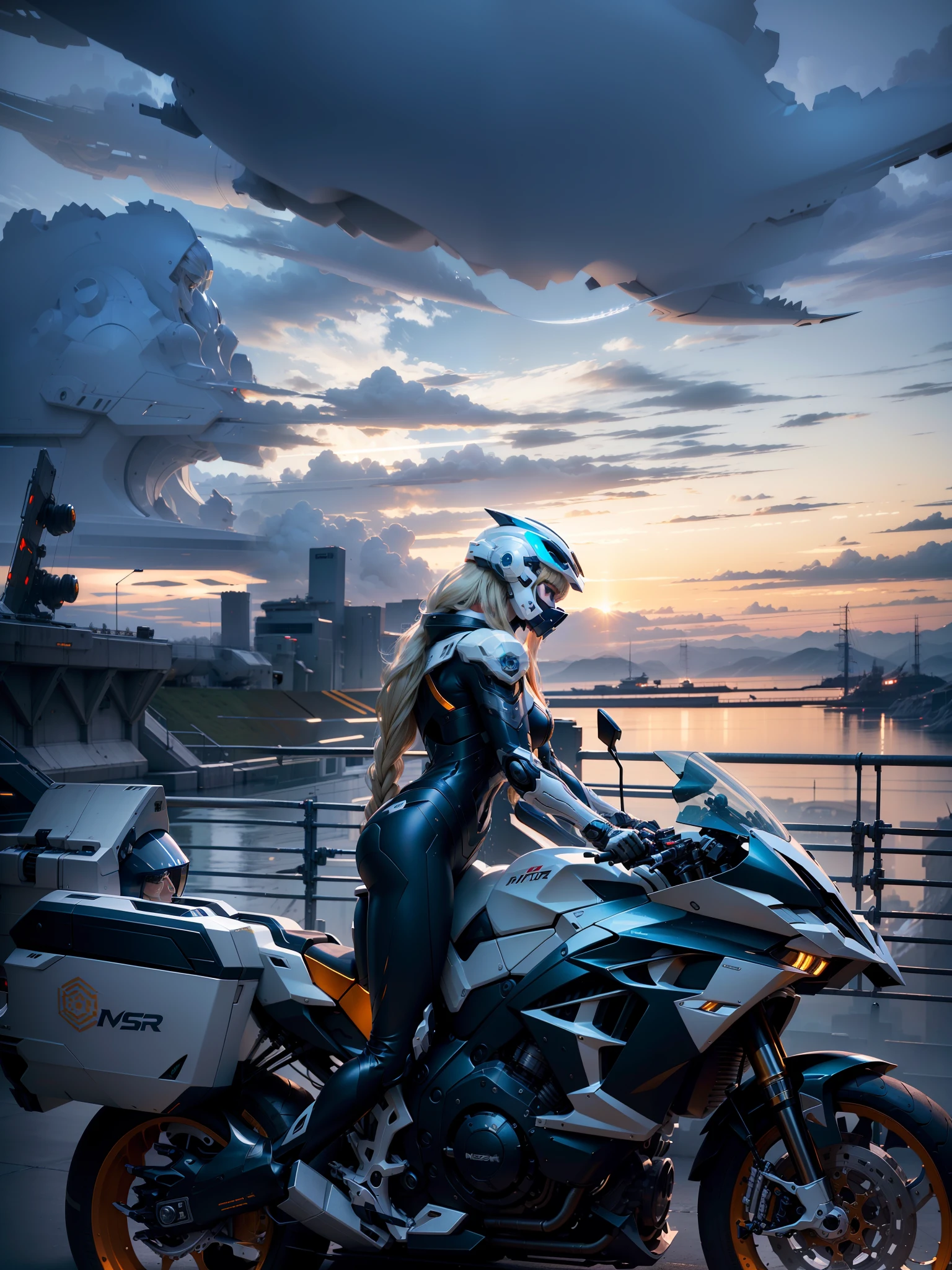 Sexy full body white mecha short blonde Sailor and Cyber Mechanical Motorcycle, long blonde hair, high-tech white full enveloping helmet, long blonde hair, Nousr, biomechanics, MSHN robot man, high-tech helmet, surreal, steel, intricate design, crazy details, fine details, extremely clear lines, cinematic lighting, photo realistic, detailed masterpiece