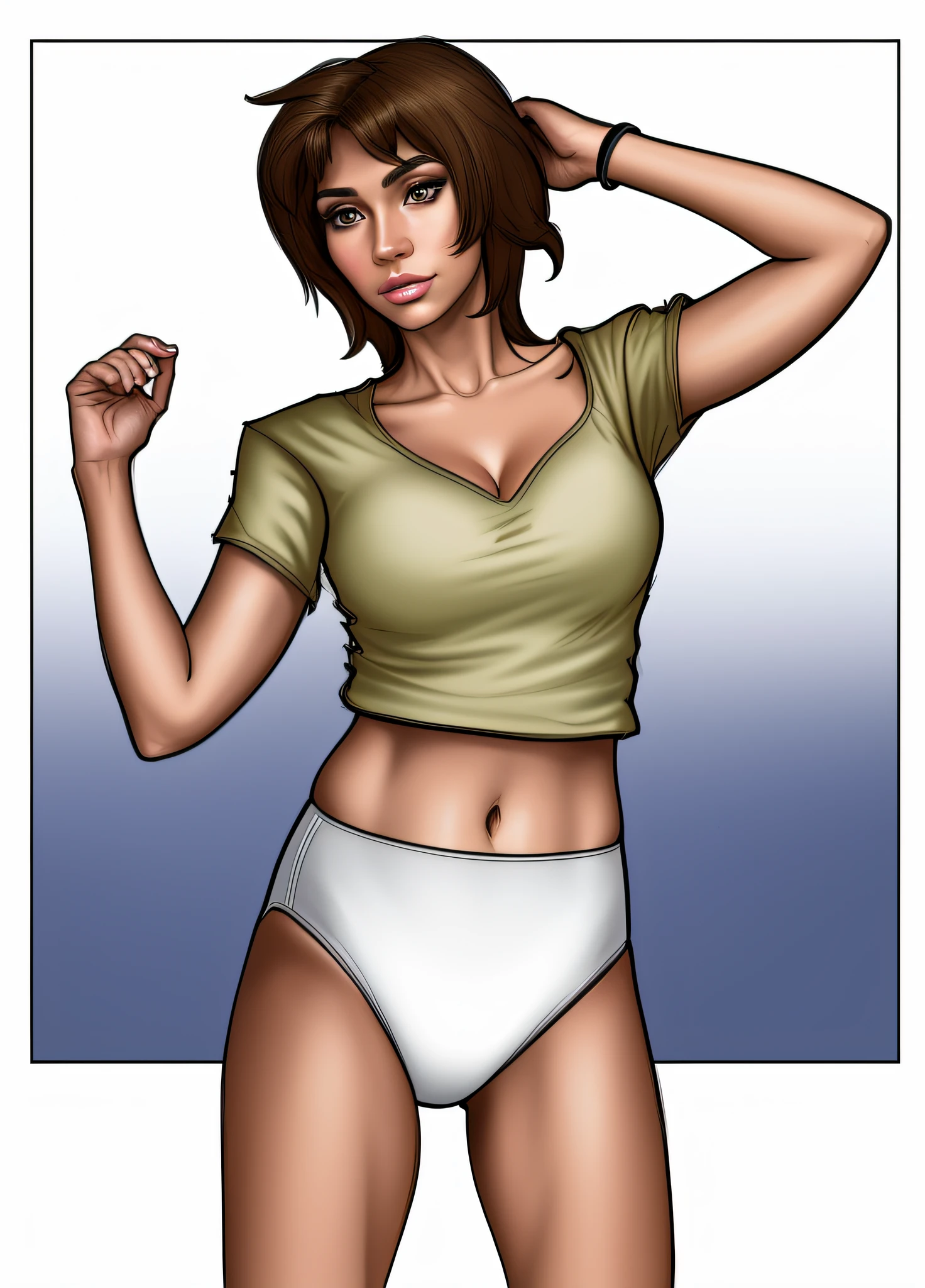 Brunette Latina in yellow shirt and white high cut panties, realistic art style, detailed wrinkles