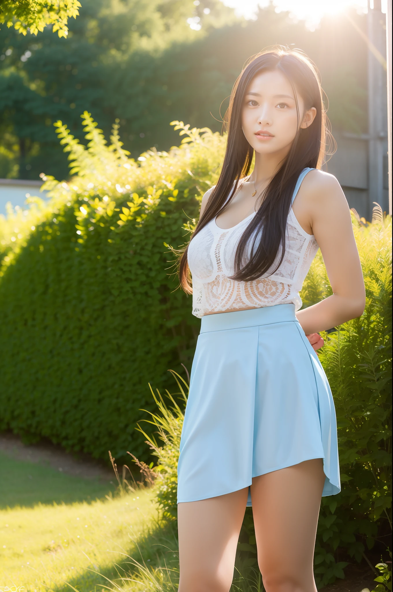 raw photo, realistic, single woman, beautiful body, big, mini skirt, sexy woman, outdoor, summer sun,