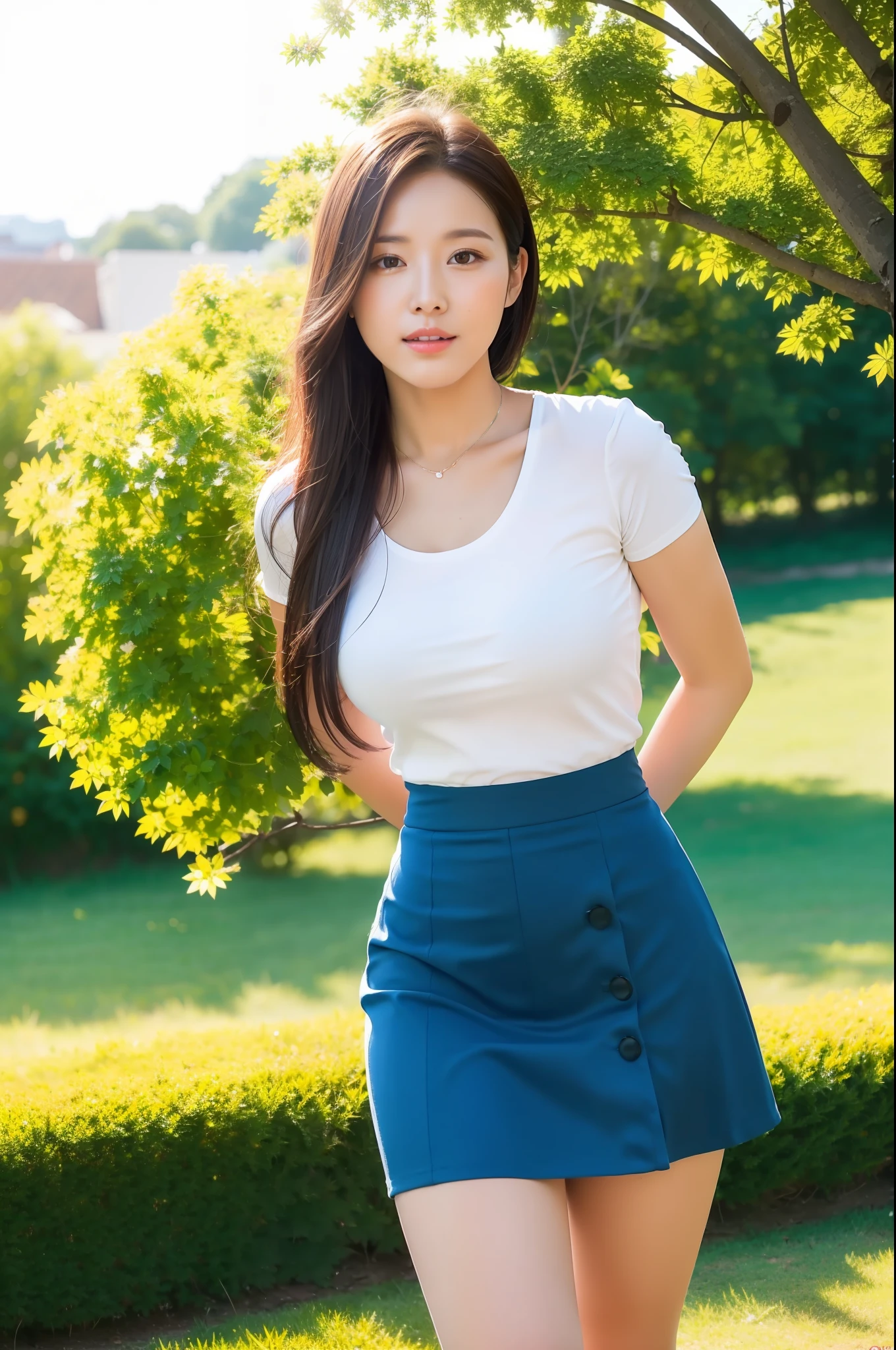 raw photo, realistic, single woman, beautiful body, big, mini skirt, sexy woman, outdoor, summer sun,