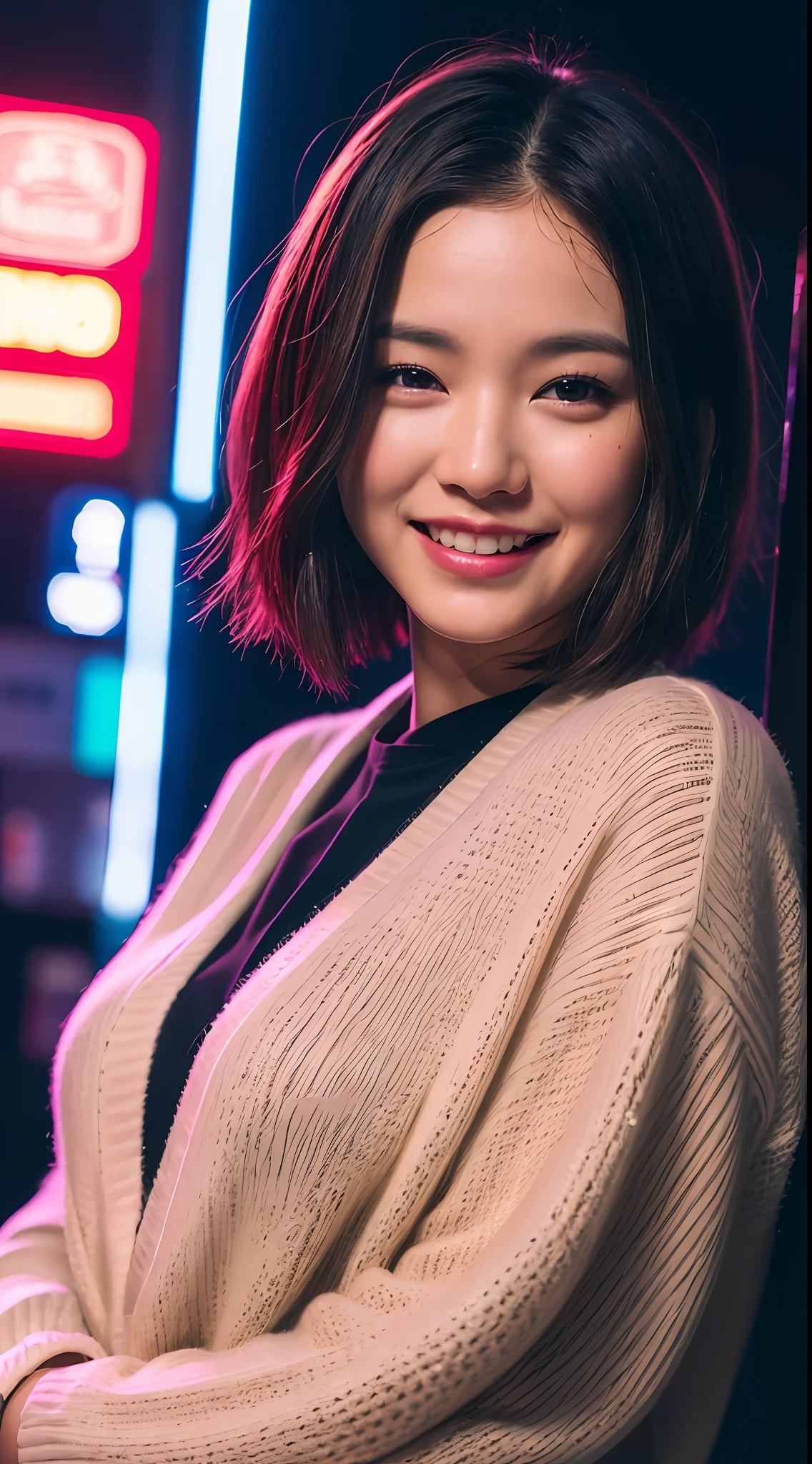 (8k, RAW Photos, Best Quality, High Resolution: 1.1), (Ultra-Realistic: 1.4), (Realistic, Photorealistic: 1.3), Soft Light, Big Girl, Realistic Face, Realistic Body, Realistic Skin, Absurdity, Masterpiece, (Cute: 1.8), Cuties, Solo, (Large: 1.2), Detailed Black Eyes, Innocent Eyes, Cheeks, (Cardigan: 1.2), Cinema Light, Film Grain, (((Short Hair: 1.1)), Cherry Colored Lips, Close Up, Look Viewer, Upper Body, Open Lips, Upper Teeth, (Smiling Eyes: 0.6), (grinning: 1.2)), Depth of Field, Blurred Background, Eye Focus, Bokeh, Midnight, Shinjuku, Neon Sign, Cyberpunk, Rain, 85mm Lens, f/1.4, Professional Lighting, Young, Portrait, Photon mapping, radiosity, and physically based rendering