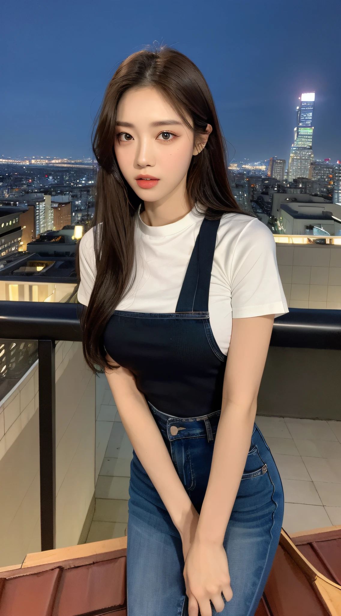 ((Midnight, Best quality, 8k, Masterpiece :1.3)), Whole body, Long legs, Sharp focus :1.2, A pretty woman with perfect figure :1.4, Slender abs :1.1, ((Dark brown hair, Big breasts :1.2)), (White tight tshirt, Jean bib, Standing:1.2), ((Night city view, Rooftop:1.3)), Highly detailed face and skin texture, Detailed eyes, Double eyelid