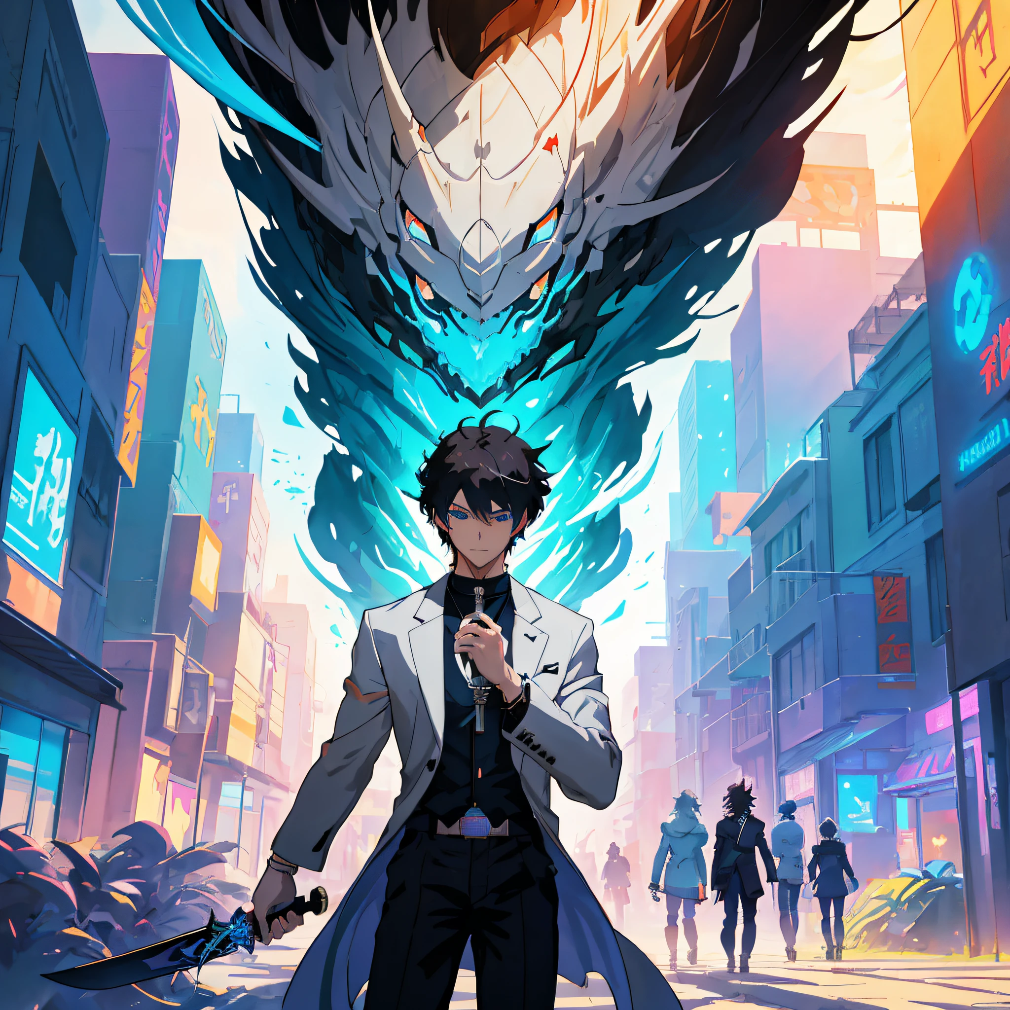 anime character with sword in city street with people walking by, badass anime 8 k, modern cyberpunk anime, epic anime style, anime key art, high detailed official artwork, key anime art, anime style 4 k, official art, anime key visual concept art of, tall anime guy with blue eyes, key art, modern sci-fi anime, anime art wallpaper 8 k