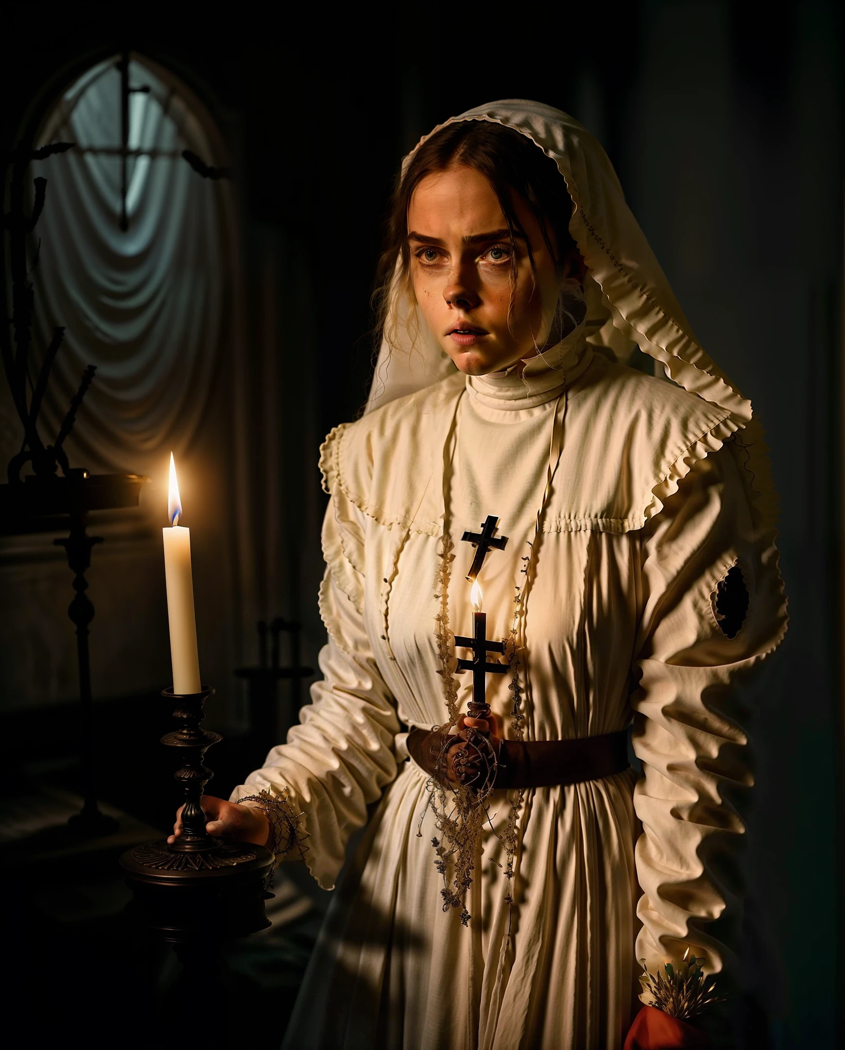 arafed woman in a white dress holding a candle in a dark room, billie eilish as a sad nun, billie eilish as a nun, karol bak of emma watson nun, an evil nun, still from a live action movie, nun, a24, netflix, annasophia robb as joan of arc, the conjuring style