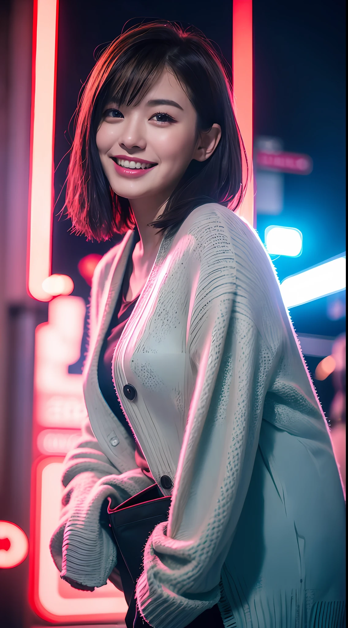 (8k, RAW Photos, Best Quality, High Resolution: 1.1), (Ultra-Realistic: 1.4), (Realistic, Photorealistic: 1.3), Soft Light, Big Girl, Realistic Face, Realistic Body, Realistic Skin, Absurdity, Masterpiece, (Cute: 1.8), Cuties, Solo, (Large: 1.2), Detailed Black Eyes, Innocent Eyes, Cheeks, (Cardigan: 1.2), Cinema Light, Film Grain, (((Short Hair: 1.1)), Cherry Colored Lips, Close Up, Look Viewer, Upper Body, Open Lips, Upper Teeth, (Smiling Eyes: 0.6), (grinning: 1.2)), Depth of Field, Blurred Background, Eye Focus, Bokeh, Midnight, Shinjuku, Neon Sign, Cyberpunk, Rain, 85mm Lens, f/1.4, Professional Lighting, Young, Portrait, Photon mapping, radiosity, and physically based rendering