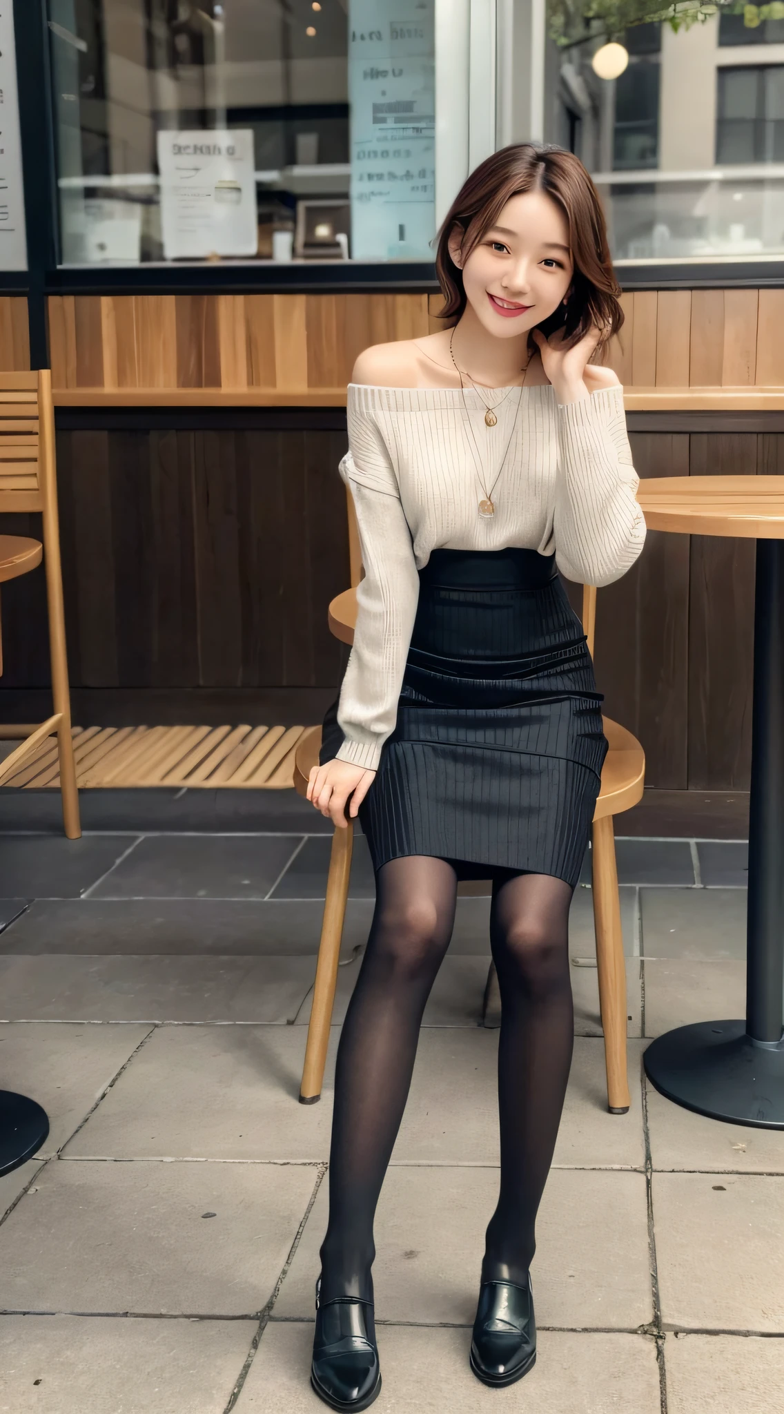 8k uhd, dslr,film grain, Fujifilm XT3,(best quality:1.3), (masterpiece:1.1), high resolution, cinematic light, intricate details, (photorealistic),outside,beautiful outside,sunny,
korean girl,(in cafe:1.5) , dimples, bobcut, looking at viewer, detailed trees, ribbons, bowties, bare shoulders, ribbed sweater,
pencil skirt, high-waist skirt, head rest, sitting, indoors,
necklace,black pantyhose, sheet transportation sweater, (smile),(full body:1.6),slender,
