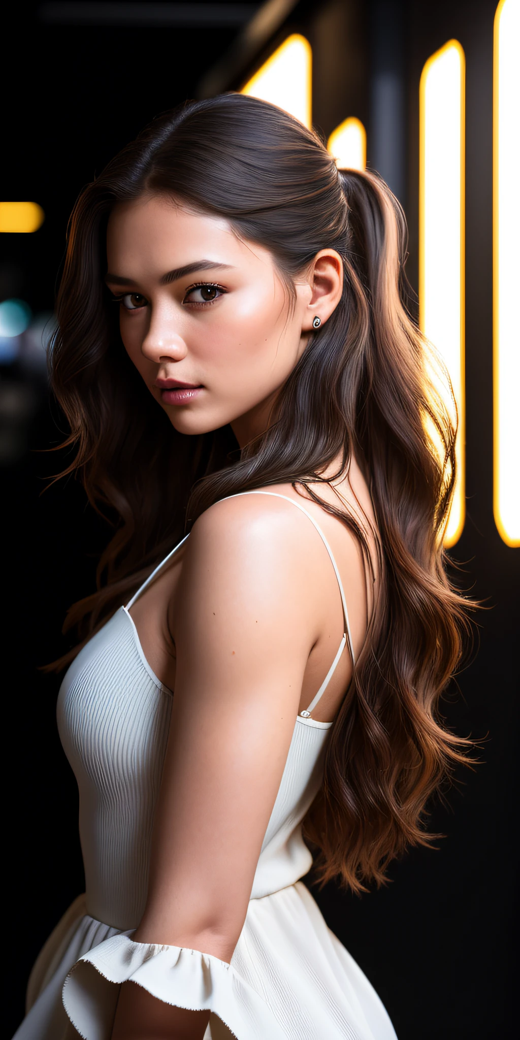 Full face portrait photo of 25 year old European girl, RAW, beautiful woman, semi-open strawberry lip, dimples, wistful expression, (extra long wavy brown hair), ((detailed face)), ((detailed facial features)), (fine detailed skin), pale skin, (detailed tech cyberpunk dress with deep neckline), Cyberpunk megacity environment, (cool colors), wet, damp, reflection, (masterpiece) (perfect proportions) (realistic photos) (highest quality) (detail) shot with Canon EOS R5, 50mm lens, f/2.8, HDR, (8k) (wallpaper) (cinematic lighting) (dramatic lighting) (sharp focus) (complex), raw photos, raw photos, gigachad photos, Camera Pose, Black Jeans, Back Arm, 8K UHD, DSLR, High Quality, Grain Film, Fujifilm XT3, Film Stock Photo 4 Kodak Portra 400 Camera F1.6 Lens Rich colors Ultra-realistic textures Dramatic lighting Unreal Engine Art Station Trends Cinestill 800 tungsten, toughboy style, Ultra focus face, intimidating, combat position, short messy hair, muscles, bursting veins, beads, white tube top, ponytail,