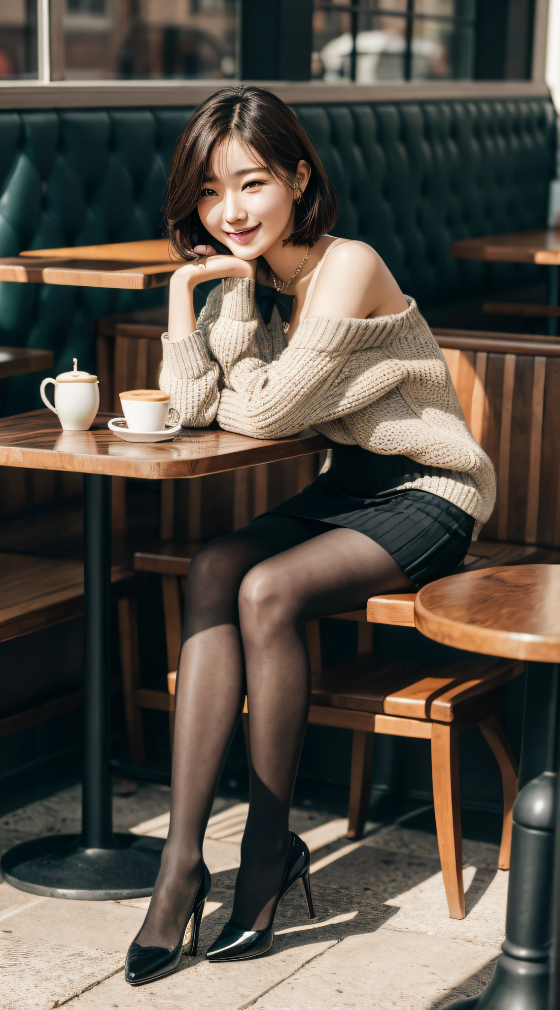 8k uhd, dslr,film grain, Fujifilm XT3,(best quality:1.3), (masterpiece:1.1), high resolution, cinematic light, intricate details, (photorealistic),outside,beautiful outside,sunny,
korean girl,(in cafe:1.5) , dimples, bobcut, looking at viewer, detailed trees, ribbons, bowties, bare shoulders, ribbed sweater, 
pencil skirt, high-waist skirt, head rest, sitting, indoors,
 necklace,black pantyhose, sheet transportation sweater, (smile),(full body:1.6),slender,