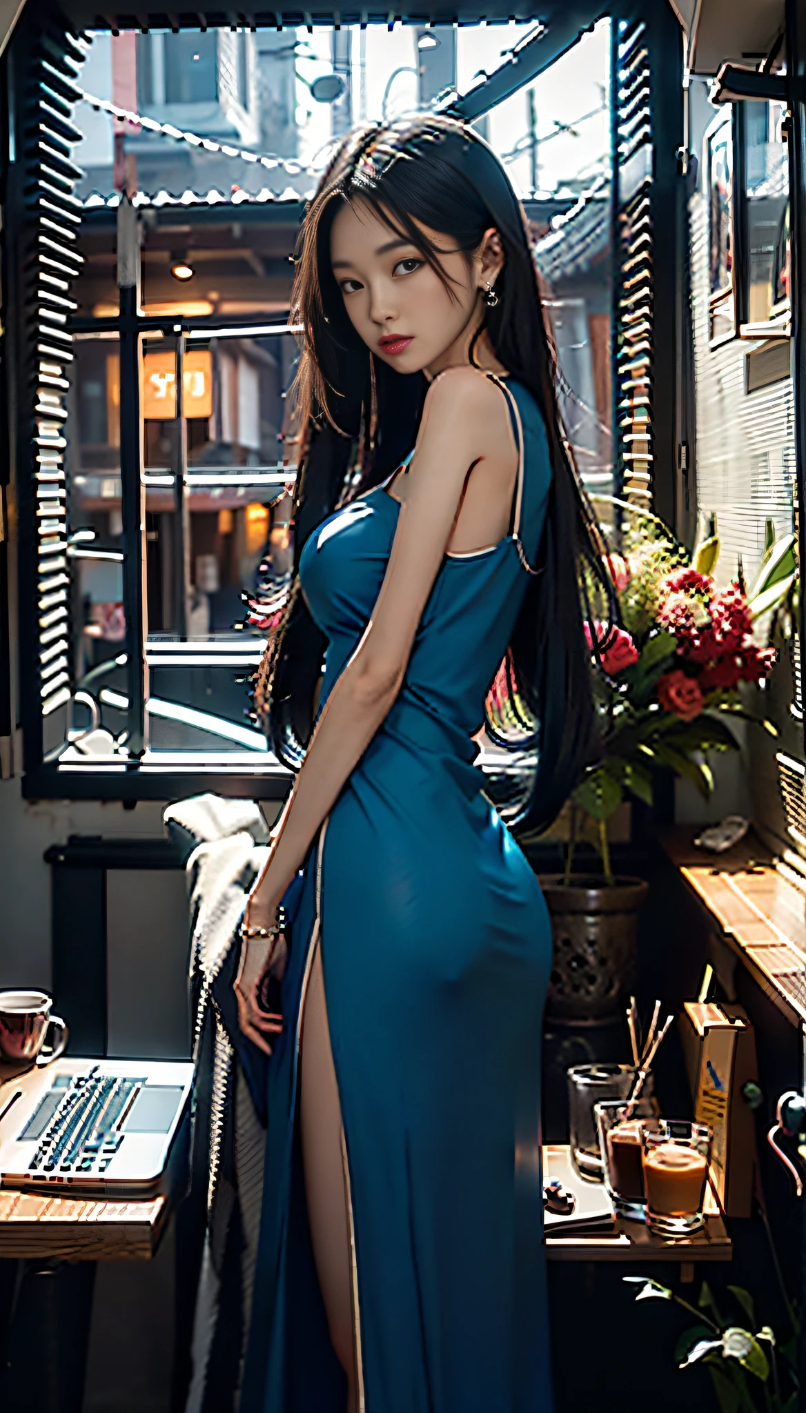 (Digital Art, Ultra HD, Ultra Detail Painting), (High Contrast), (Ordinary Apartment Standing Asian Beauty) Neon lights shining on the body, (Large rings and long straight black hair) to create a sharp contrast, (Night window) Add mystery, (Blue extra-long sexy transparent dress) Highlight the curves of the figure, (Laptop and coffee cup and vase) Create an intimate and free atmosphere, (4K quality) Show every detail.