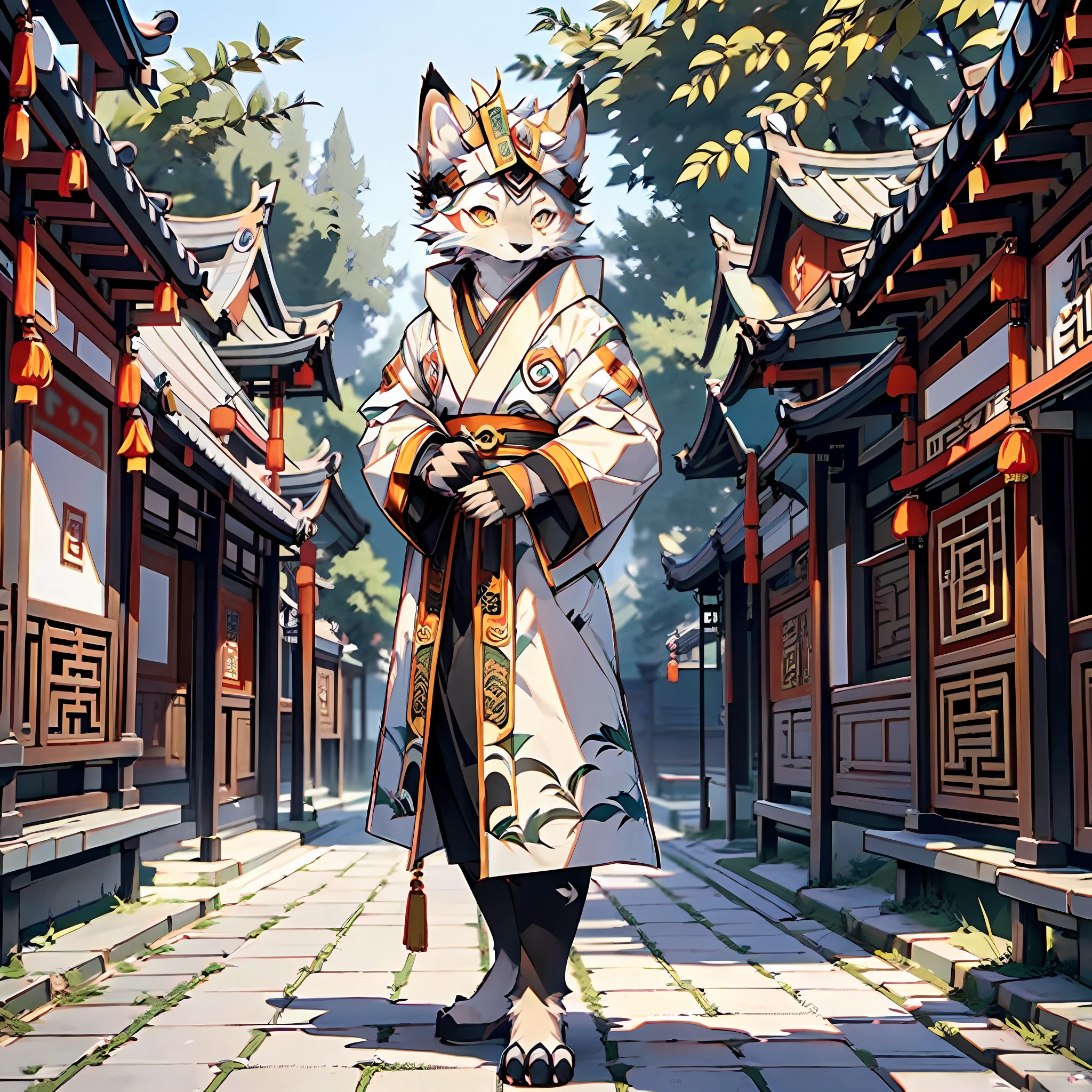 (Best Quality), (Masterpiece), ((Single 1.5)), (Ultra Detailed), (Furry), Full Body Furry, Furry, (Male Arctic Fox: 1.5), (Gray Skin: 1.3), (Fluffy Tail: 1.2), Character Focus, (Golden Eyes), (Canine Paws), (gray ears), sharp focus, (furry feeling of animal ears), (((wearing Taoist robes))), (Chinese Taoist robes), Taoism, Chinese style, standing in front of Taoist temples, standing in front of temples, The expression was serious and cold