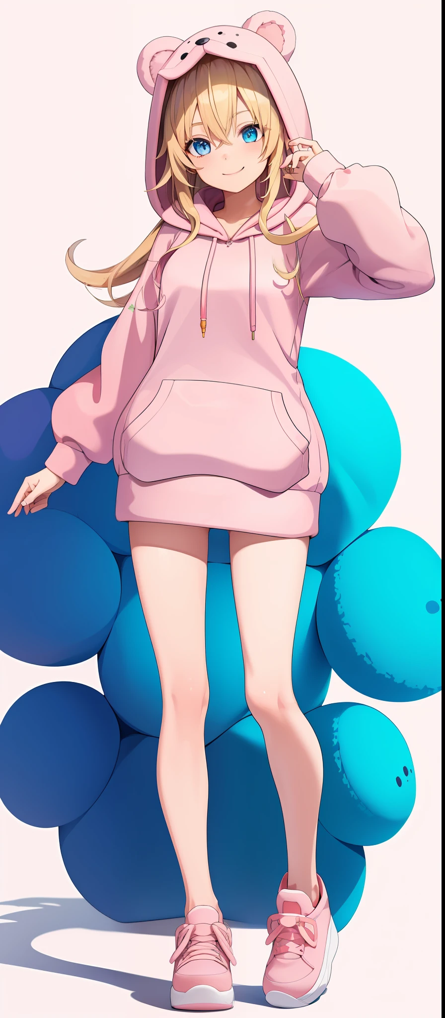 vtubermodel of 1girl , long blonde hair, blue eyes , fluffy bear ears , hood up,(light pink hoodie:1.3), strawberry pattern, sneakers, clogs, high quality , extra detailed , rendered, (white background:1.3), full body, smiling