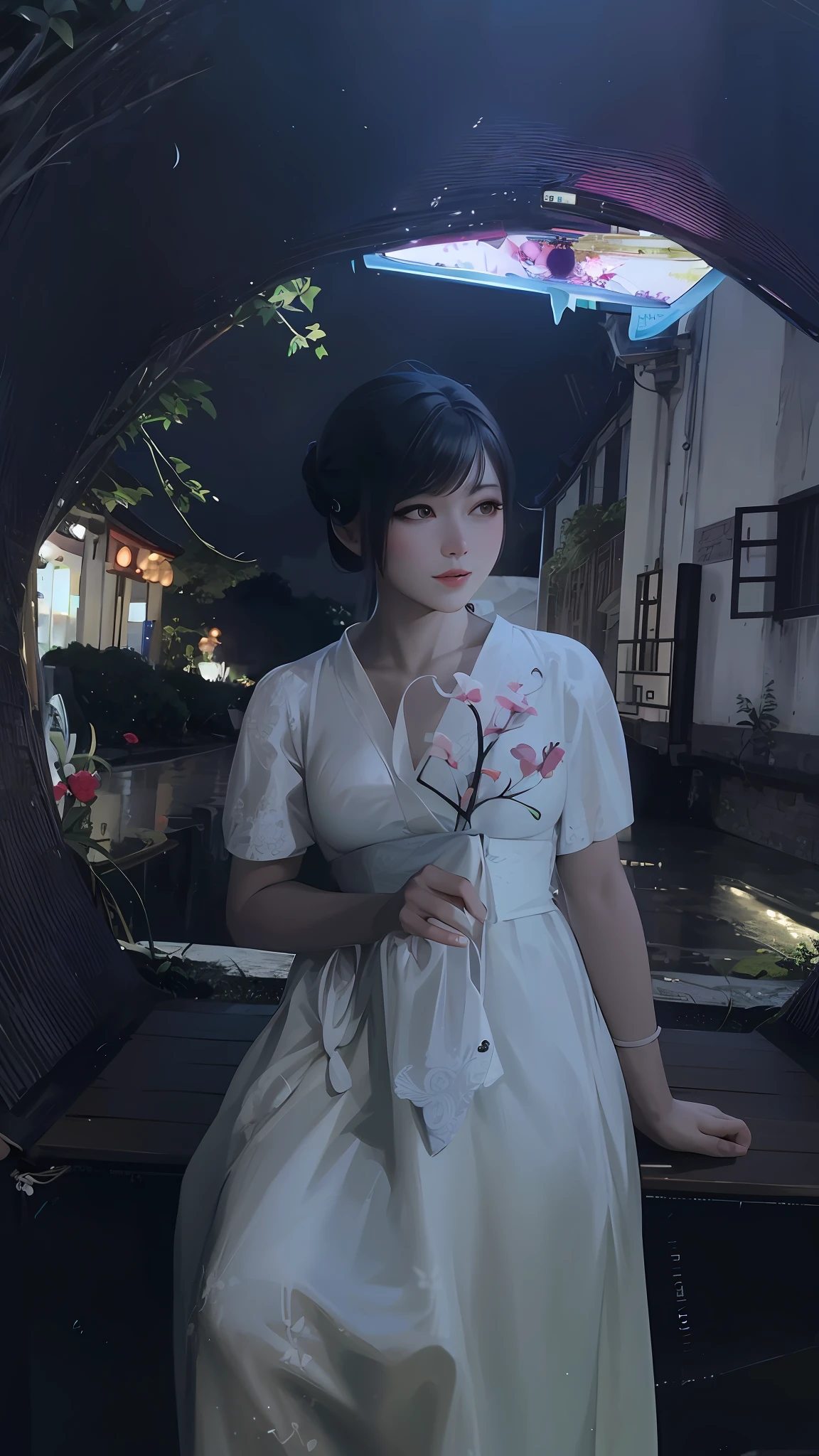 There is a woman in a white dress holding a fan, white hanfu, lady dress with glowing flowers, Zhongyuan Festival, Chinese girl, 8K selfie photo, 8K, traditional Chinese clothing
