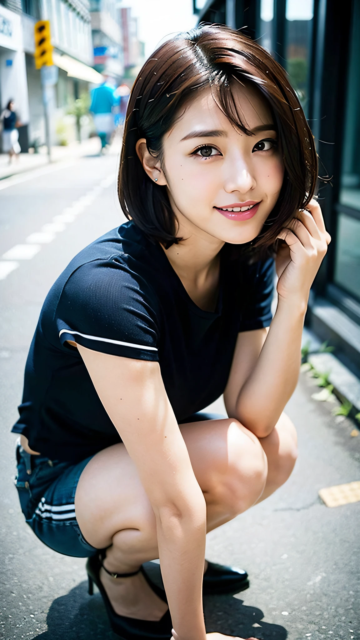 (Best Quality, 8k, 32k, Masterpiece, UHD: 1.2), Pretty Japan Woman Pictures, Black Short Hair, Beautiful Face, (Slouch: 1.3), Squatting, (From Top: 1.2), (Close-Up: 1.4), Smiling, Loose T-Shirt, Big Breasts, Beautiful Nipple Slippage, Glossy Skin, Blurred Background, Shy, Seductive, Pleading Eyes, Beautiful Woman with Perfect Body Type