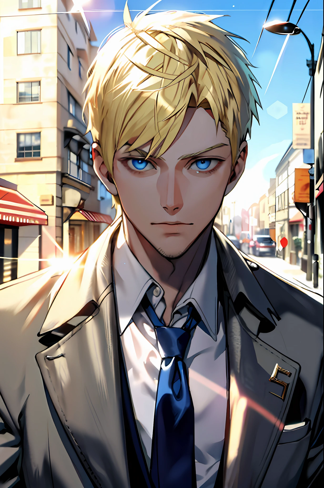 Masterpiece, best quality, (1man:1.3), 25 years old, short blonde hair, blue eyes, knife, tie, coat, street, from above, lens flare, depth of field