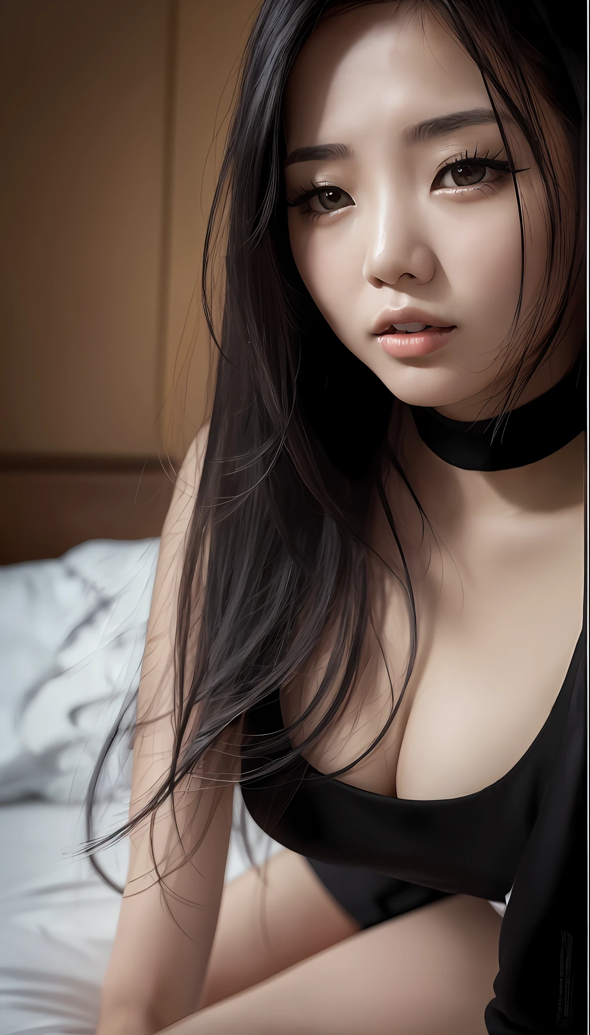 Close up of a woman in a black dress kneeling on bed, very high quality, high quality video, korean girl, sexy look, sexy footage, sexy korean goth girl, chinese girl, young cute girl, beautiful asian girl, cute woman, asian girl, full body, 8K, masterpiece,