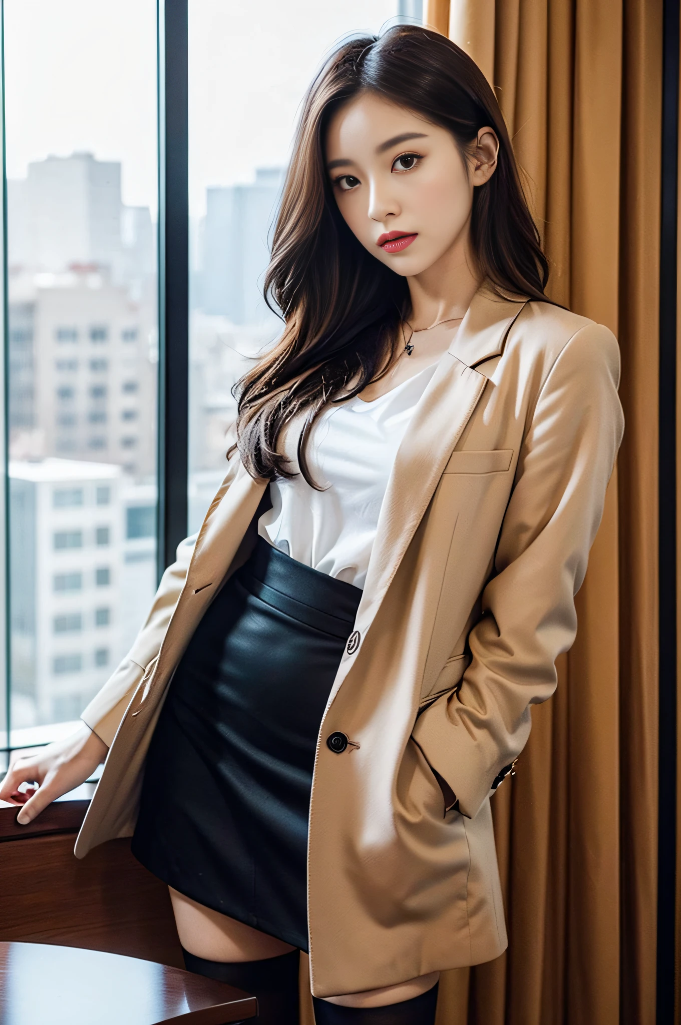 A woman, brown wavy long hair, secretary, (melon face: 1.3), (royal sister: 1.3), best picture quality, (masterpiece: 1.3), (ultra-high resolution: 1.2), (blazer, suit skirt, black stockings: 1.6), (real hand details: 1.4), (floor-to-ceiling windows: 1.3), (black eyes: 1.2), (serious eyes: 1.4), (young: 1.3), (Detailed face close-up: 1.5), (Realistic skin texture: 1.3), (Realistic: 1.4), (Realistic physical rendering: 1.5), (Realistic light and shadow effects: 1.4), Realistic modern city background, standing in office, holding documents, (Perfect figure, thin waist, long legs: 1.3), (Chinese beauty: 1.7)