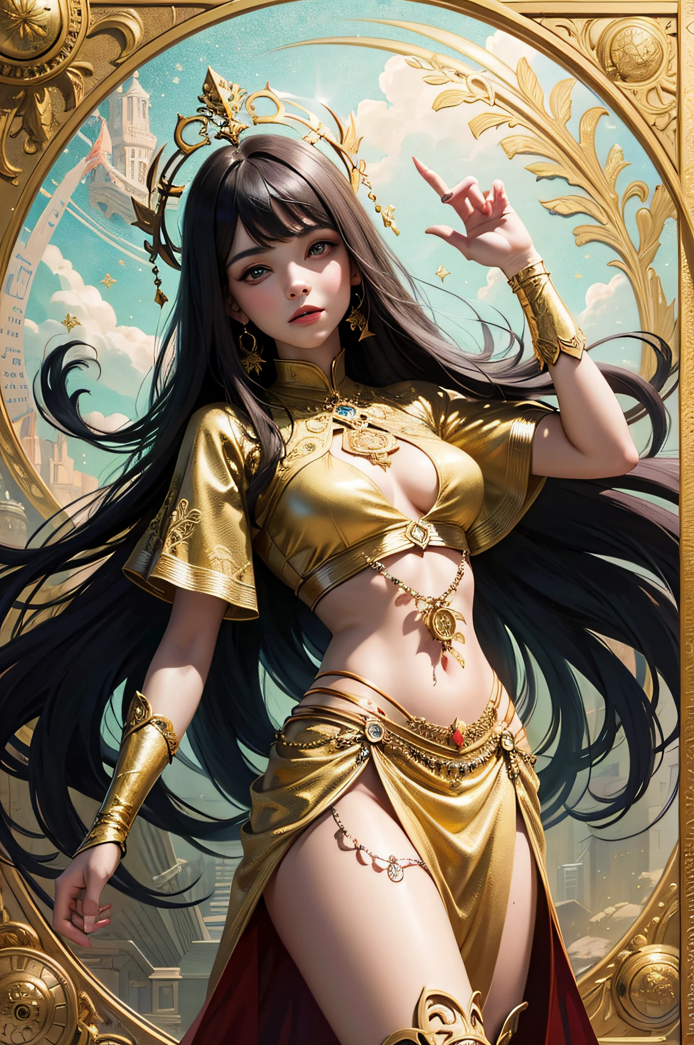 (masterpiece, top quality, best quality, official art, beautiful and aesthetic:1.2), (1girl), extreme detailed,colorful,highest detailed, official art, unity 8k wallpaper, ultra detailed, beautiful and aesthetic, beautiful, masterpiece, best quality, (zentangle, mandala, tangle, entangle) ,holy light,gold foil,gold leaf art,glitter drawing, PerfectNwsjMajic