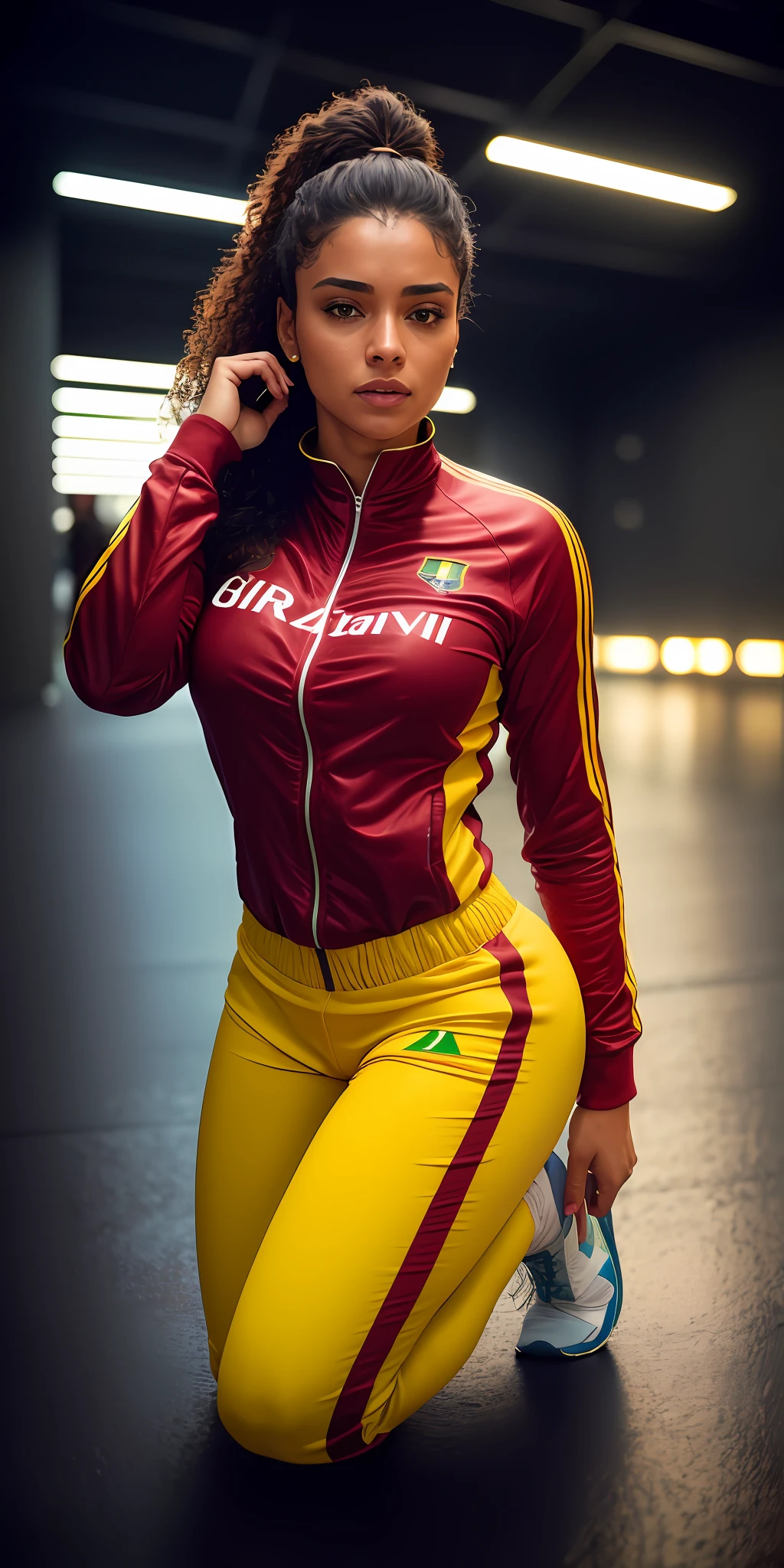 beautiful Brazilian university student, in track suit, ((kneeling)), ((groaning in pain)), ((thick thighs)), ankly waist)), ((thin)), photorealistic, photo, masterpiece, realistic, realism, photorealism, high contrast, photorealistic digital art trend in Artstation 8k HD high definition detailed realistic, detailed, skin texture, hyper detailed, realistic skin texture, armor, best quality, ultra high resolution, (photorealistic: 1.4), high resolution, detailed, raw photo, sharp re, by lee jeffries Nikon D850 film stock photography 4 kodak camera portra 400 lens f1.6 rich colors hyper realistic texture dramatic lighting irrealengine trending on artstation cinestill 800.